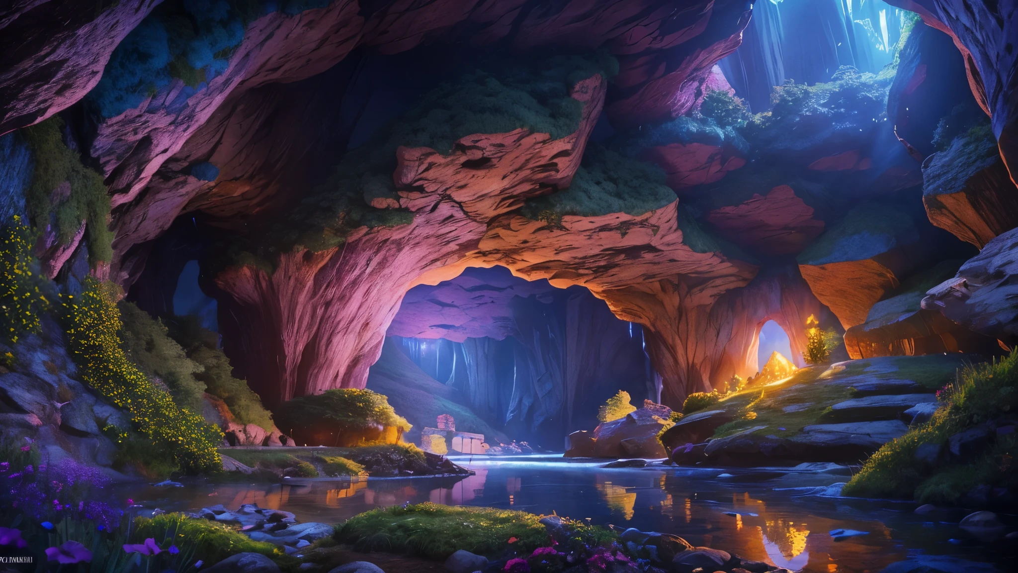 (best quality, 8k, panoramic view, masterpiece) magical mines, enchanted cave, shining jewels, mystical atmosphere, sparkling crystals, jewel tones, ethereal glow, compressed cave, mysterious shadows, glowing moss, hidden treasures, stunning rock formations , ethereal beams of light, intricate details, mesmerizing beauty, timeless masterpiece.