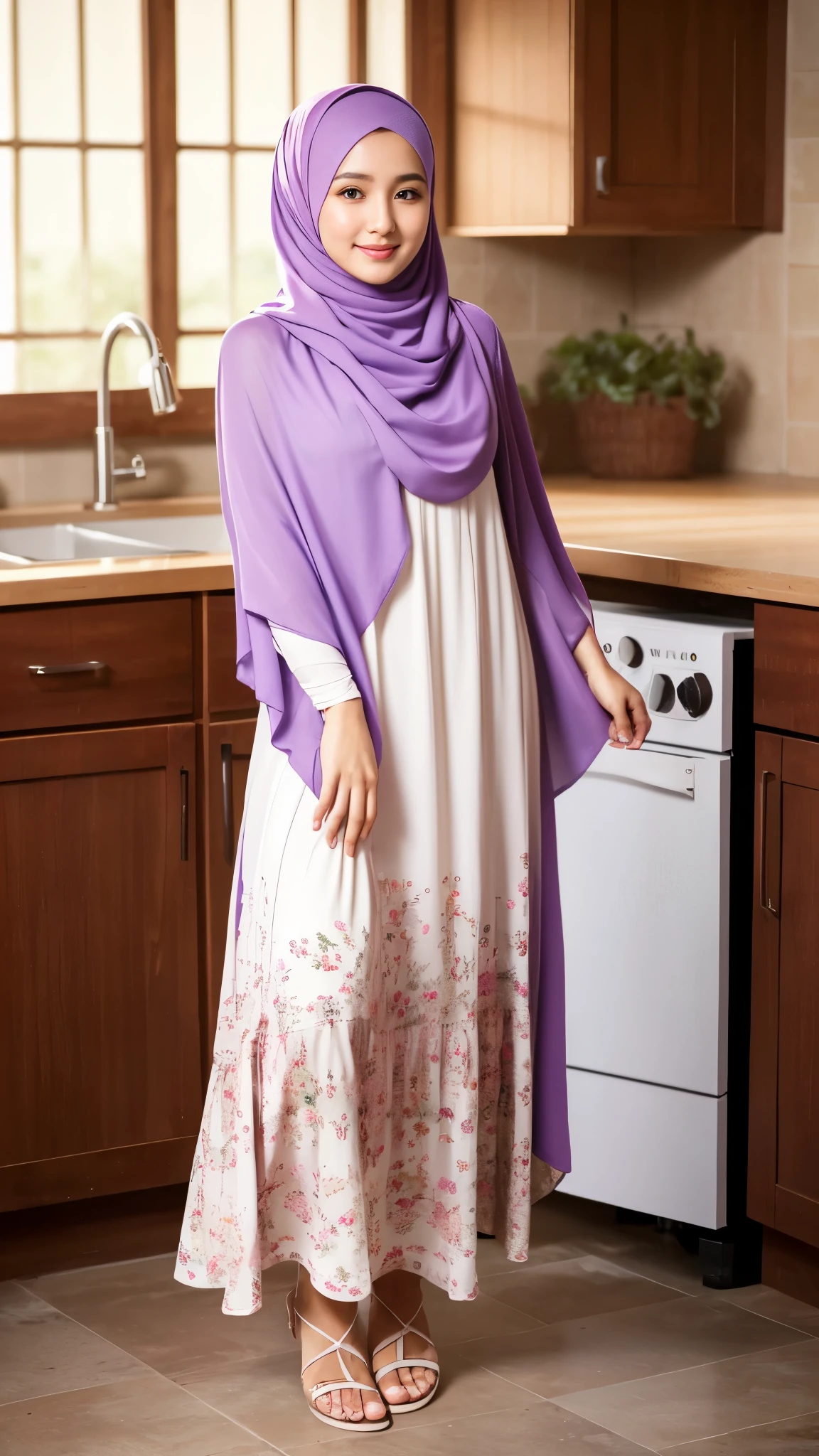 Full shot, full body portrait, wide background, tall background, high detail, high resolution, an Indonesian man standing in a kitchen, white skin, fair skin, smooth skin, bright skin, soft face, beautiful eyes, small nose, pink cheeks, pink lips, glossy lips, perfect face, perfect body, perfect hands, perfect feet, wearing a soft purple hijab, pashmina hijab, perfect hijab, wearing a modest floral long dress, long sleeved, long skirted, pretty dress, perfect dress, wearing sandals, perfect sandals, feminine pose, graceful expression, soft smile, face looking at viewer, body facing at viewer, bright light, morning sunshine