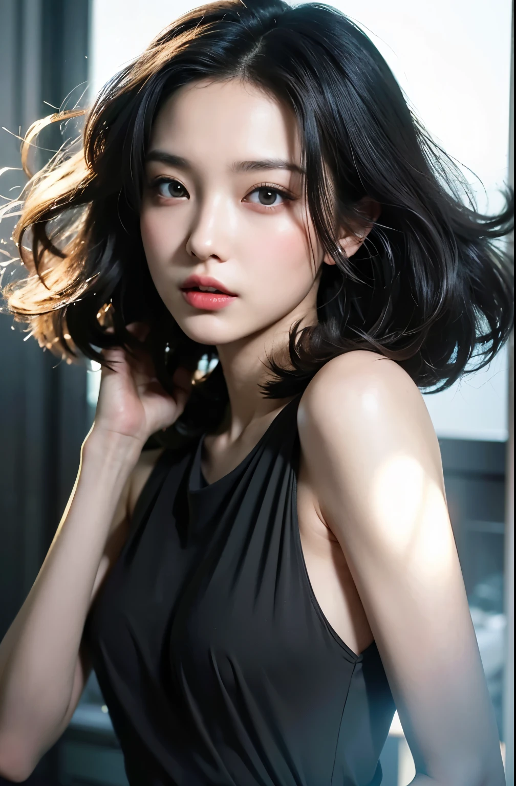 (Best quality, 8k, 32k, Masterpiece, UHD:1.2) "Generate a captivating artwork featuring a young Japanese girl model with short, sleek black hair styled in a chic bob haircut. Envision her bathed in dramatic cinematic lighting, creating an atmosphere of allure and mystery. Emphasize a romantic aesthetic vibe, showcasing the model in a poised and elegant pose that evokes a sense of intimacy and sophistication. Utilize warm and soft tones to enhance the romantic ambiance, and consider incorporating elements like flowing fabrics or flowers to add a touch of ethereal beauty. Capture the essence of romance and beauty through the model's expression, the play of light and shadows, and the overall aesthetic, creating a visually compelling and emotionally resonant piece." (perfect eyes), flawless skin, flawless face, cinematic, tight body, ((well-proportion female hands)), ((female hands with five digits)) ((Body is well proportioned)), ((chic bob haircut)), soft focus ((Short Black Hair))