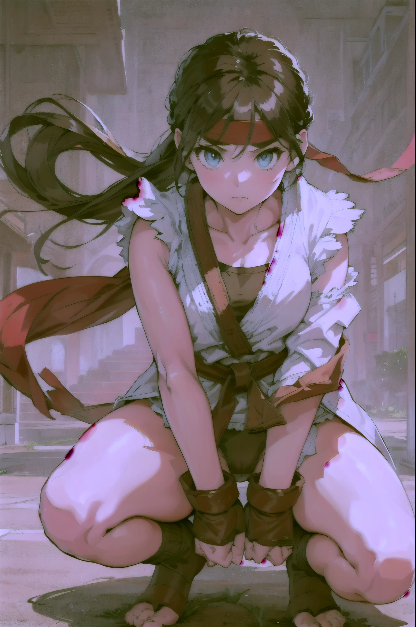 (masterpiece, best quality:1.2), expressive eyes, perfect face, highres, 1girl, solo, ryu \(sf\), (female:1.5), black hair, long hair, dougi, fingerless gloves, headband, no pants, squatting, portrait, looking at the viewer, panties