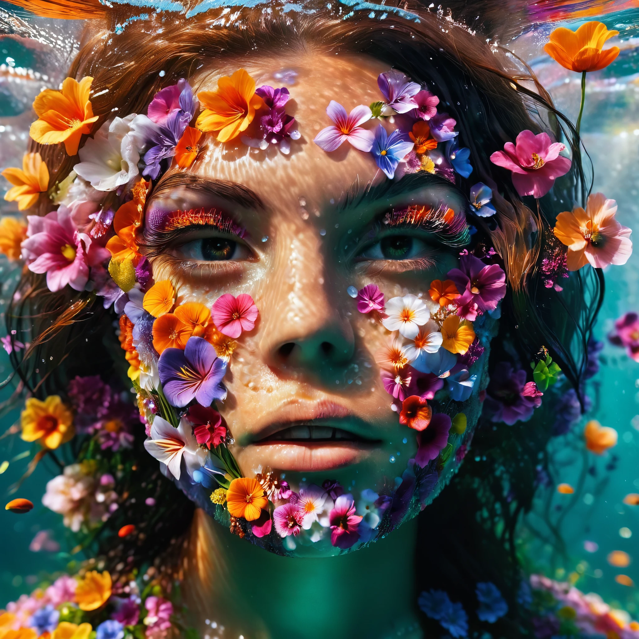 colorful, sea of flower.Beautiful girl lffying iunderwater with a lot of flowers . dappled sunshine., underwater, wet cloth, wet face, .super wild shot, low angle shot 1.5 very rich color background, separate background.photo taken at eye level,DSLR,canon EOS RS,ultra quality,sharp focus,tack sharp, depth of field (dof). Film grain,crystal clear,8k UHD, highly facial features, high detailed background. Art supplies.Epic composition,,ultra HD, Very Good quality ,magical effect , Photorealistic. Perfect composition, underwater composition, the ocean. The water. Flora and fauna . .Glowing Magic glitter on the woman face. Perfect realistic hair, detailed face , detailed skin . boubbles. magic lights flowers everywhere