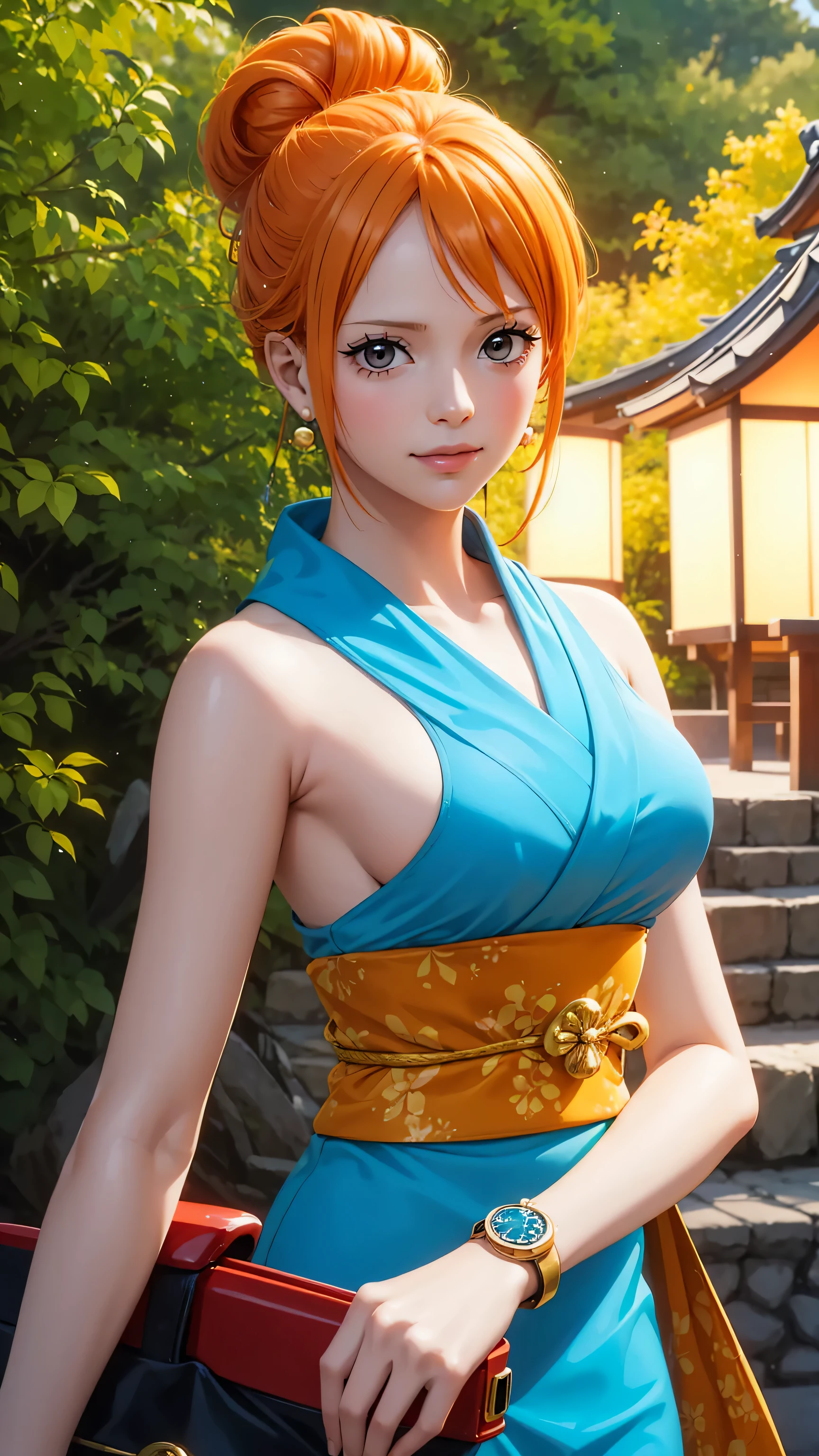 Messy hair, NamiFinal, Nami from the anime One Piece, orange hair, bangs, hair in a bun, beautiful, beautiful woman, perfect body, perfect breasts, red wearing a kimono, wearing earrings, wearing a watch, in the park, cherry tree, traditional house japan, looking at viewer, slight smile, realism, masterpiece, textured leather, super detail, high detail, high quality, best quality, 1080p, 16k