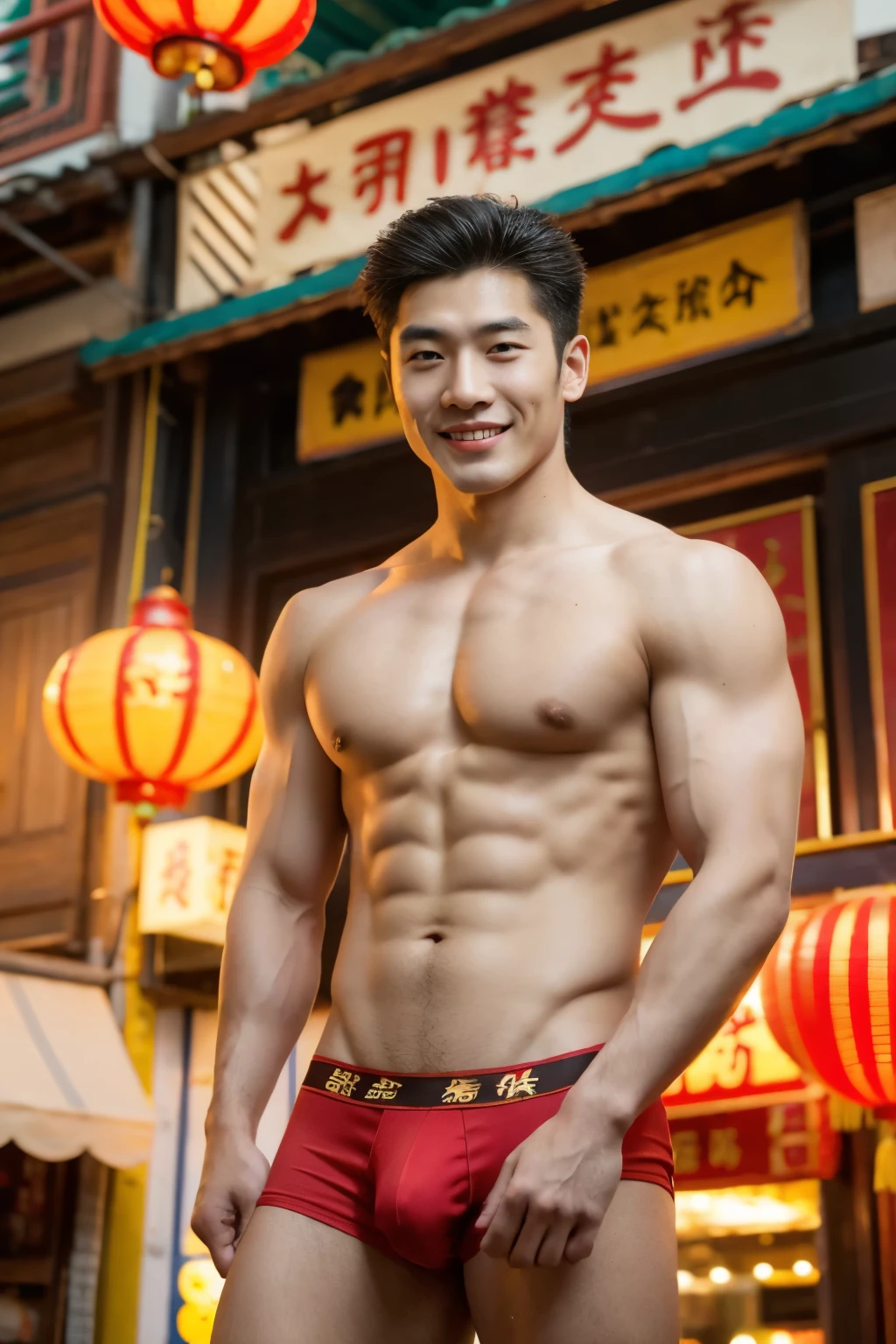 (one American handsome muscular man), (cowboy shot), (short hair), (big male genitals under red men's Thong), one American handsome muscular man in Chinatown of San Francisco, San Francisco's Chinatown is a vibrant neighborhood filled with bustling streets adorned with colorful Chinese lanterns, ornate architecture, and a rich cultural heritage. It's a place where you can find an array of authentic Chinese restaurants, traditional shops selling exotic goods, and a lively atmosphere that immerses you in the sights, sounds, and flavors of Chinese culture, blue sky in the background, mischievous smile, (details: 1 1), natural muscles, high quality, beautiful eyes, (detailed face and eyes), (faceless: 1 2), noise, real photography、... PSD, Sharp Focus, High Resolution 8k, Real & Professional Photography, 8K UHD, Soft Lighting, High Quality, Film Grain, FUJIFILM XT3
