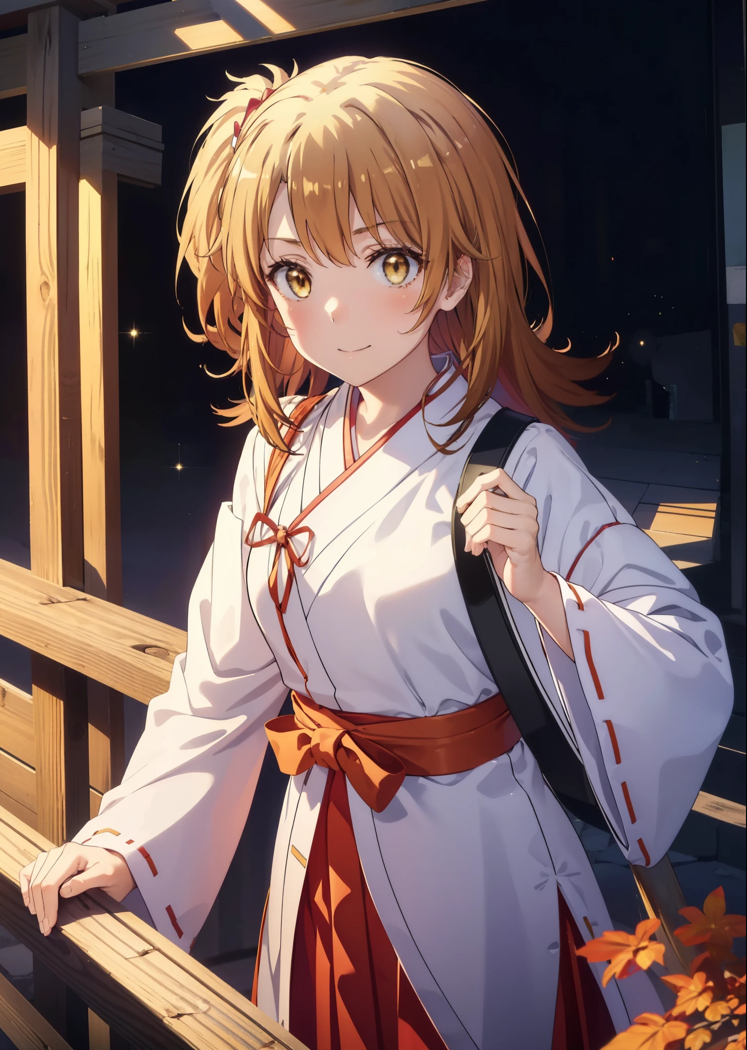 irohaisshiki, iroha isshiki, long hair, brown hair, (brown eyes:1.5), smile,blush,Platycodon,Miko, kimono, kimono, long red hakama,white foot bag,Zori sandals,same as skirt, wide sleeve, long sleeve, ribbon trim sleeves,  low ponytail, looking at the viewer, Are standing, torii,morning,morning日,the sun is rising,
break outdoors, shrine,
break looking at viewer,Upper body,
break (masterpiece:1.2), highest quality, High resolution, unity 8k wallpaper, (figure:0.8), (detailed and beautiful eyes:1.6), highly detailed face, perfect lighting, Very detailed CG, (perfect hands, perfect anatomy),