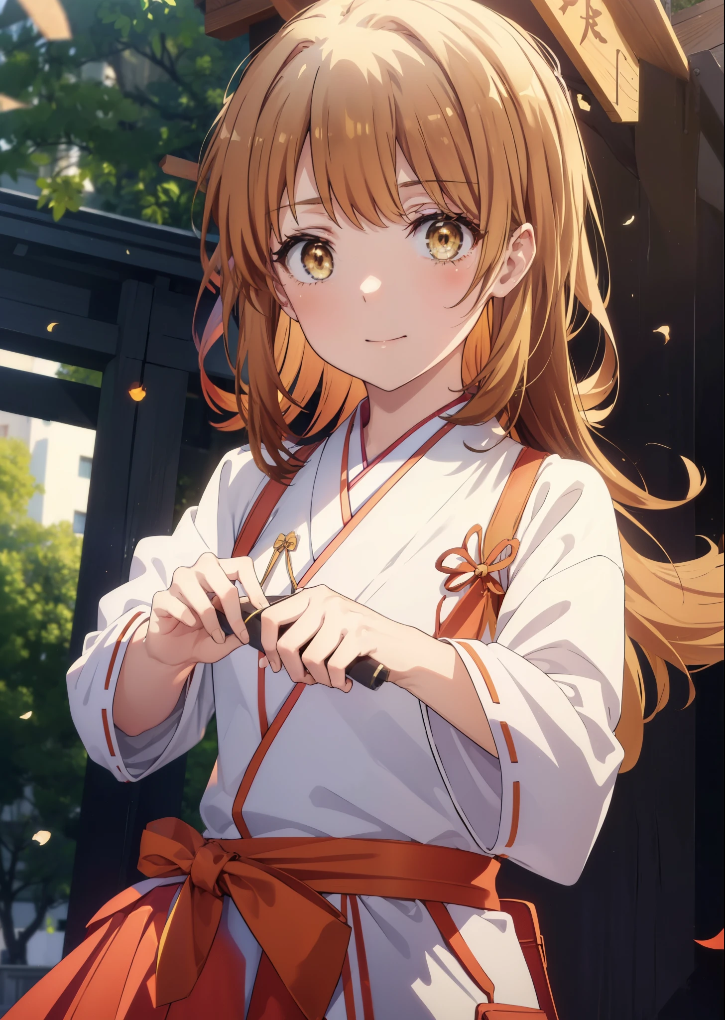 irohaisshiki, iroha isshiki, long hair, brown hair, (brown eyes:1.5), smile,blush,Platycodon,Miko, kimono, kimono, long red hakama,white foot bag,Zori sandals,same as skirt, wide sleeve, long sleeve, ribbon trim sleeves, low ponytail, looking at the viewer, Are standing, torii,morning,morning日,the sun is rising,
break outdoors, shrine,
break looking at viewer,Upper body,
break (masterpiece:1.2), highest quality, High resolution, unity 8k wallpaper, (figure:0.8), (detailed and beautiful eyes:1.6), highly detailed face, perfect lighting, Very detailed CG, (perfect hands, perfect anatomy),