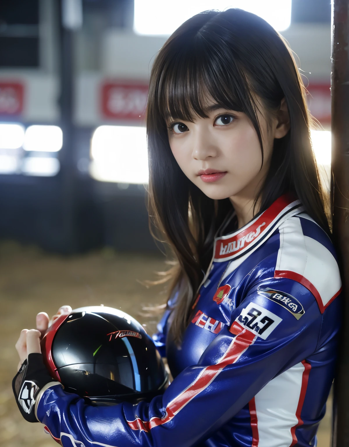 (1 girl)、highest quality、masterpiece、超A high resolution、(Photoreal:1.4)、Raw photo、1 girl、hot、(wearing a super shiny racing suit)、female rider、long sleeve,、racing gloves、Portrait、Shadow、octane rendering、8K、super sharp、Metal、intricate decorative details、Japan details、very intricate details、realistic light、(mysterious look)、shining eyes、towards the camera、Small LED、HONDA NSR250R