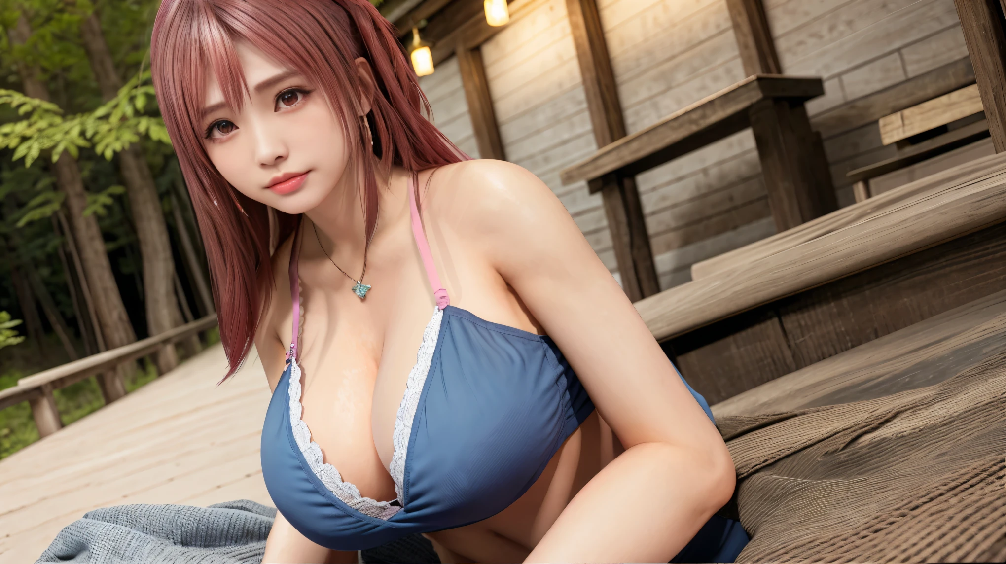 8K, best quality, on the table:1.2), (actual, realism:1.37), best quality,, beautiful young woman, A thoughtful expression,、一个charming、和charming外表, , , in the forest， huge breasts，Super huge breasts，pink hair，Honoka，red lips，charming，beautiful girl，necklace，earrings，light blue underwear，