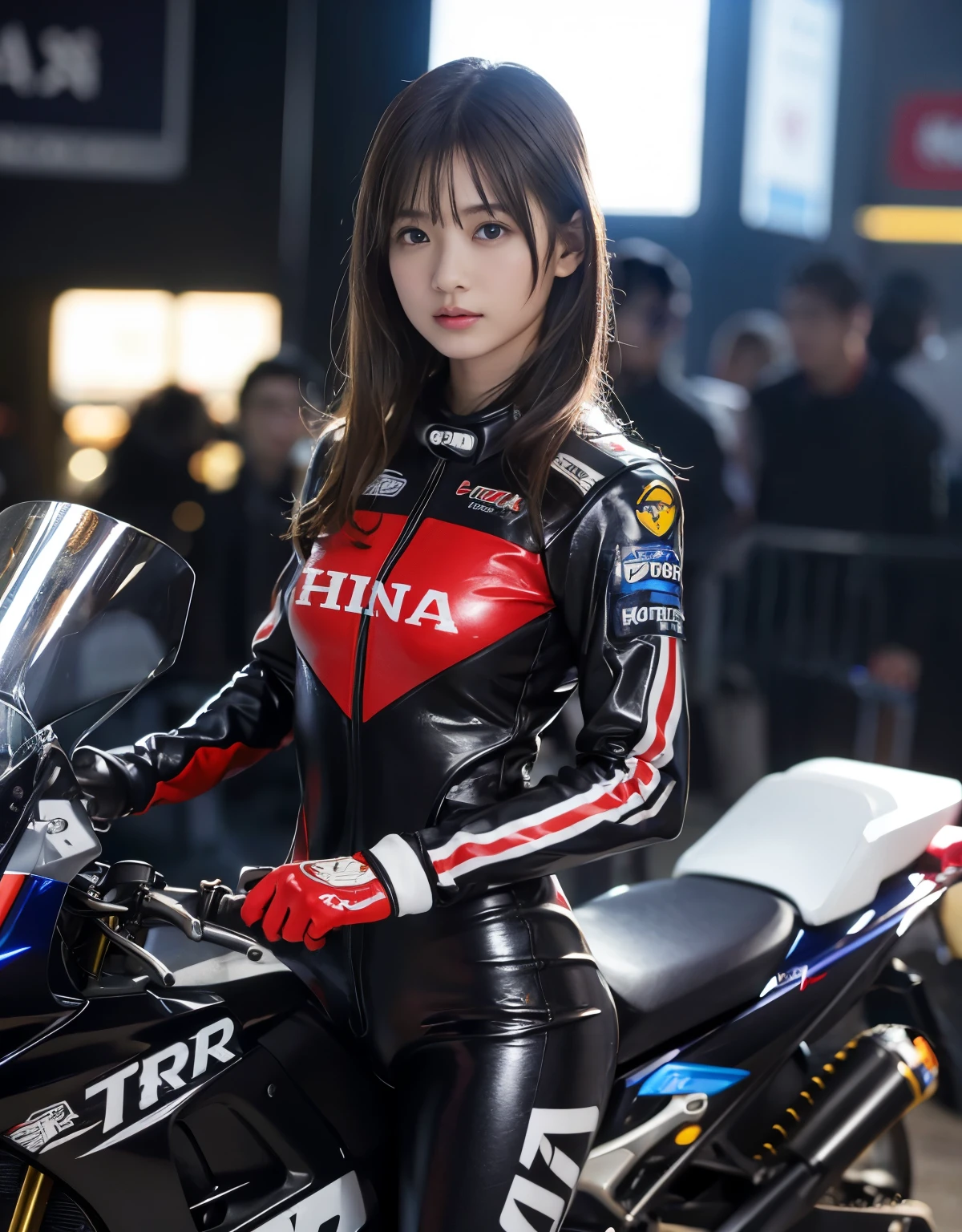 (1 girl)、highest quality、masterpiece、超A high resolution、(Photoreal:1.4)、Raw photo、1 girl、hot、(wearing a super shiny racing suit)、female rider、long sleeve,、racing gloves、Portrait、Shadow、octane rendering、8K、super sharp、Metal、intricate decorative details、Japan details、very intricate details、realistic light、(mysterious look)、shining eyes、towards the camera、Small LED、HONDA NSR250R