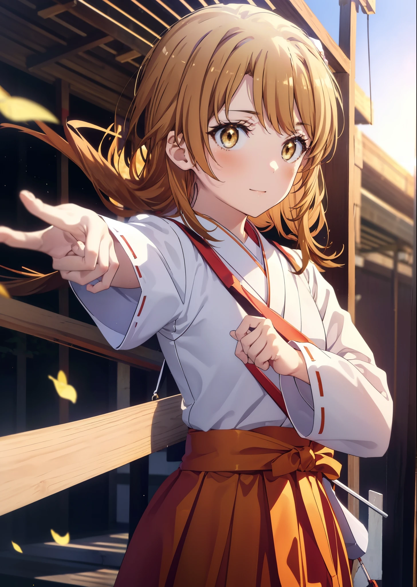 irohaisshiki, iroha isshiki, long hair, brown hair, (brown eyes:1.5), smile,blush,Platycodon,Miko, kimono, kimono, long red hakama,white foot bag,Zori sandals,same as skirt, wide sleeve, long sleeve, ribbon trim sleeves,  low ponytail, looking at the viewer, Are standing, torii,morning,morning日,the sun is rising,
break outdoors, shrine,
break looking at viewer,Upper body,
break (masterpiece:1.2), highest quality, High resolution, unity 8k wallpaper, (figure:0.8), (detailed and beautiful eyes:1.6), highly detailed face, perfect lighting, Very detailed CG, (perfect hands, perfect anatomy),