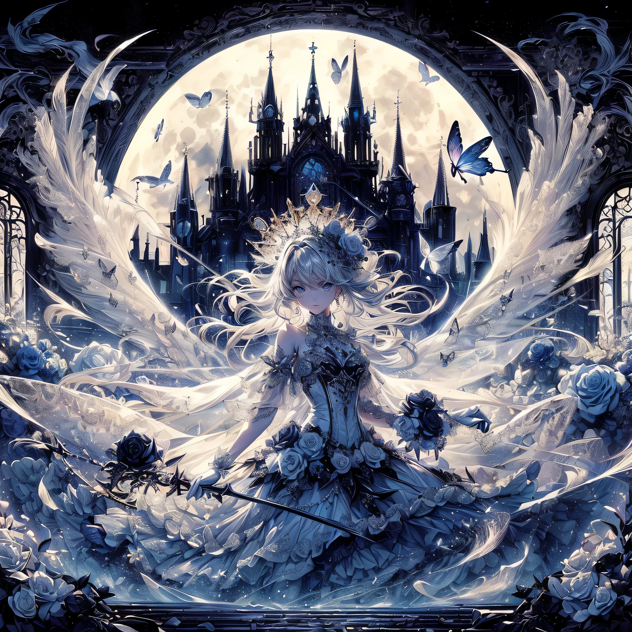 　
(exquisite, beautiful, very detailed, masterpiece, high quality, confused, High resolution, Full HD, 16k), (thin line: 1.2, soft lines:1.2, beautiful and delicate face), ((night, full moon,Starry sky seen from the window, Interior of a baroque castle)), (cool fairy princess,Has butterfly-like fairy wings.), (black rose, black flower blizzard, look at the camera,prepare the sword),((super wide shot, Ultra wide angle of view, whole body)), ((serious expression, Serious atmosphere,)), (medium black hair:1.5), (silver tiara, earrings, beautifulチョーカー), ((white gloves,Fluffy shoulder black ball gown dress:1.1, Balloon sleeves,jewels and white lace and frills, Fairy wings from the back)), (light pink blush, plump pink lips,big bust,Fair skin, good style), (dim lighting, pastel colour,candle light, moonlight, gentle light,)