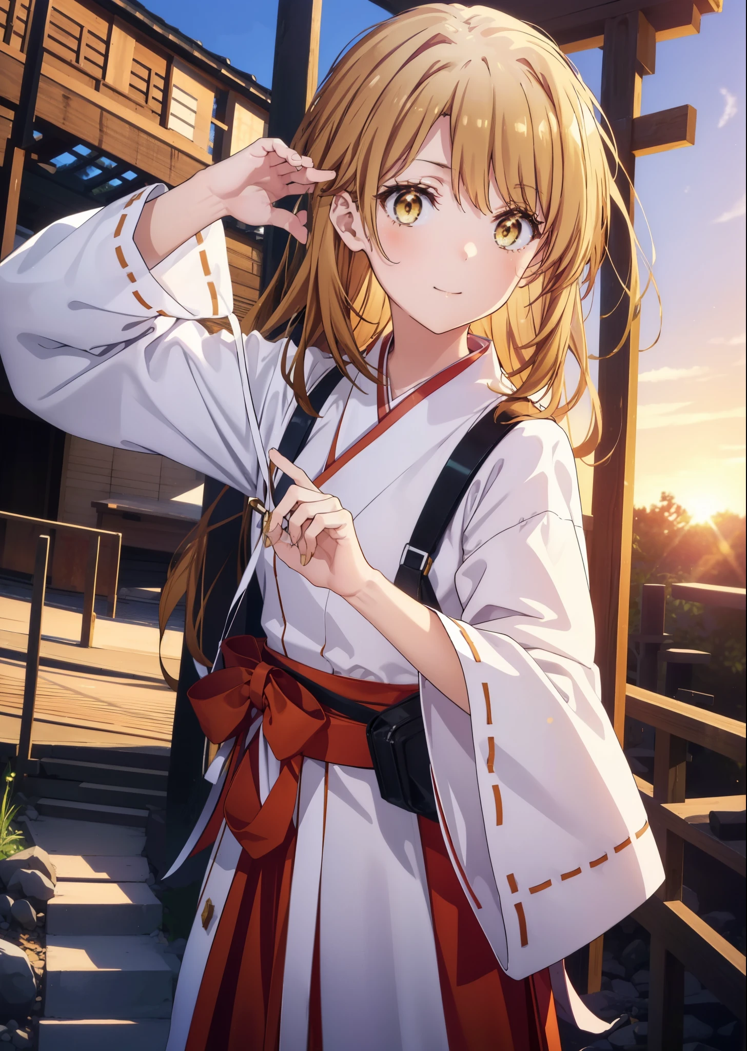 irohaisshiki, iroha isshiki, long hair, brown hair, (brown eyes:1.5), smile,blush,Platycodon,Miko, kimono, kimono, long red hakama,white foot bag,Zori sandals,same as skirt, wide sleeve, long sleeve, ribbon trim sleeves,  low ponytail, looking at the viewer, Are standing, torii,morning,morning日,the sun is rising,
break outdoors, shrine,
break looking at viewer,Upper body,
break (masterpiece:1.2), highest quality, High resolution, unity 8k wallpaper, (figure:0.8), (detailed and beautiful eyes:1.6), highly detailed face, perfect lighting, Very detailed CG, (perfect hands, perfect anatomy),