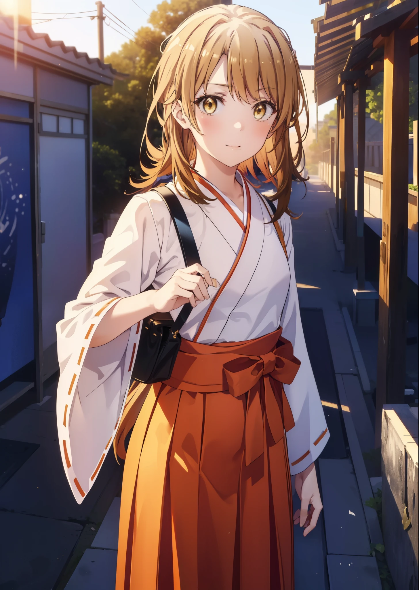 irohaisshiki, iroha isshiki, long hair, brown hair, (brown eyes:1.5), smile,blush,Platycodon,Miko, kimono, kimono, long red hakama,white foot bag,Zori sandals,same as skirt, wide sleeve, long sleeve, ribbon trim sleeves, low ponytail, looking at the viewer, Are standing, torii,morning,morning日,the sun is rising,
break outdoors, shrine,
break looking at viewer,Upper body,
break (masterpiece:1.2), highest quality, High resolution, unity 8k wallpaper, (figure:0.8), (detailed and beautiful eyes:1.6), highly detailed face, perfect lighting, Very detailed CG, (perfect hands, perfect anatomy),
