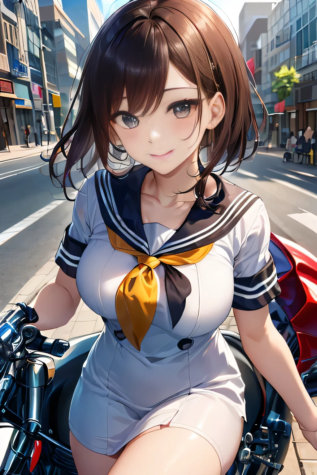 big and full breasts、(((A transparent white sailor suit that sticks to the chest,school uniform:1.7))),(((A woman wearing a transparent sailor suit:1.7 ))),(((A woman riding a colorful custom-painted motorcycle through the city:1.7))), Shiny light brown and orange striped short hair,cute smile,perfect round face,A cheerful smile that makes the viewer happy,proper body proportions,table top,Ultra high quality output image,High resolution,intricate details,very delicate and beautiful hair,realistic pictures,dream-like,professional lighting,realistic shadow,focus only,beautiful hands,beautiful fingers,Detailed functions of fingers,Detailed features of the wear,Detailed characteristics of hair,detailed facial features,(((emphasize the chest:1.3))),(dynamic angle),(dynamic and sexy pose),laughter、cute round face,,(table top,highest quality,超High resolutionの出力画像,) ,(8K quality,),(sea art 2 mode.1),(Image mode Ultra HD,)