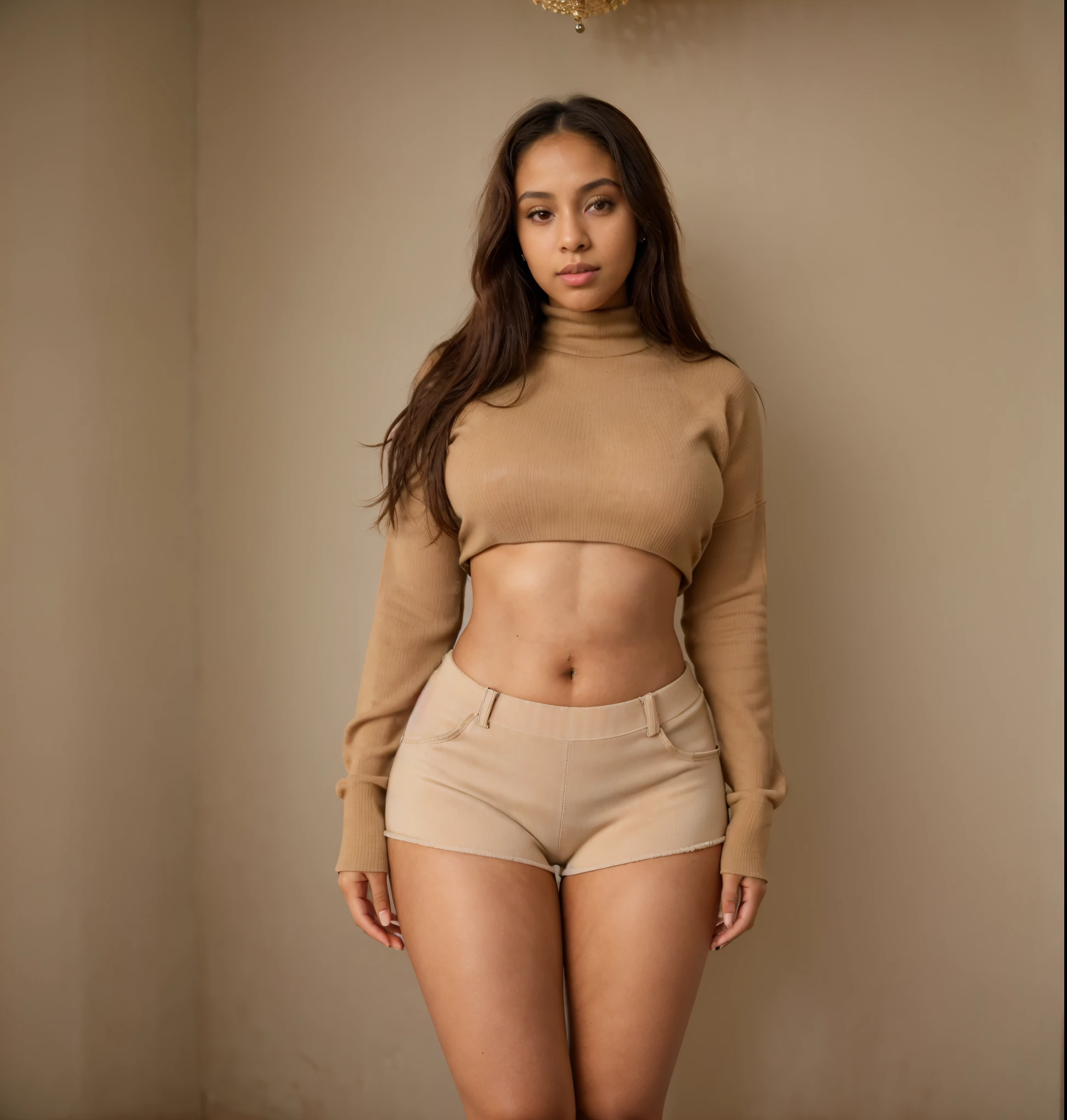 ((2854012297)).
A masterpiece, Beautiful Somalia / Latina / Dominican girl , ((perfect detailed hands)) . Drop dead beautiful, slim waist ,, detailed face , athletic body , curvy body , long legs , height 6’11 , In a Yeezy dirty pink sweater , wearing tan high waist boot shorts