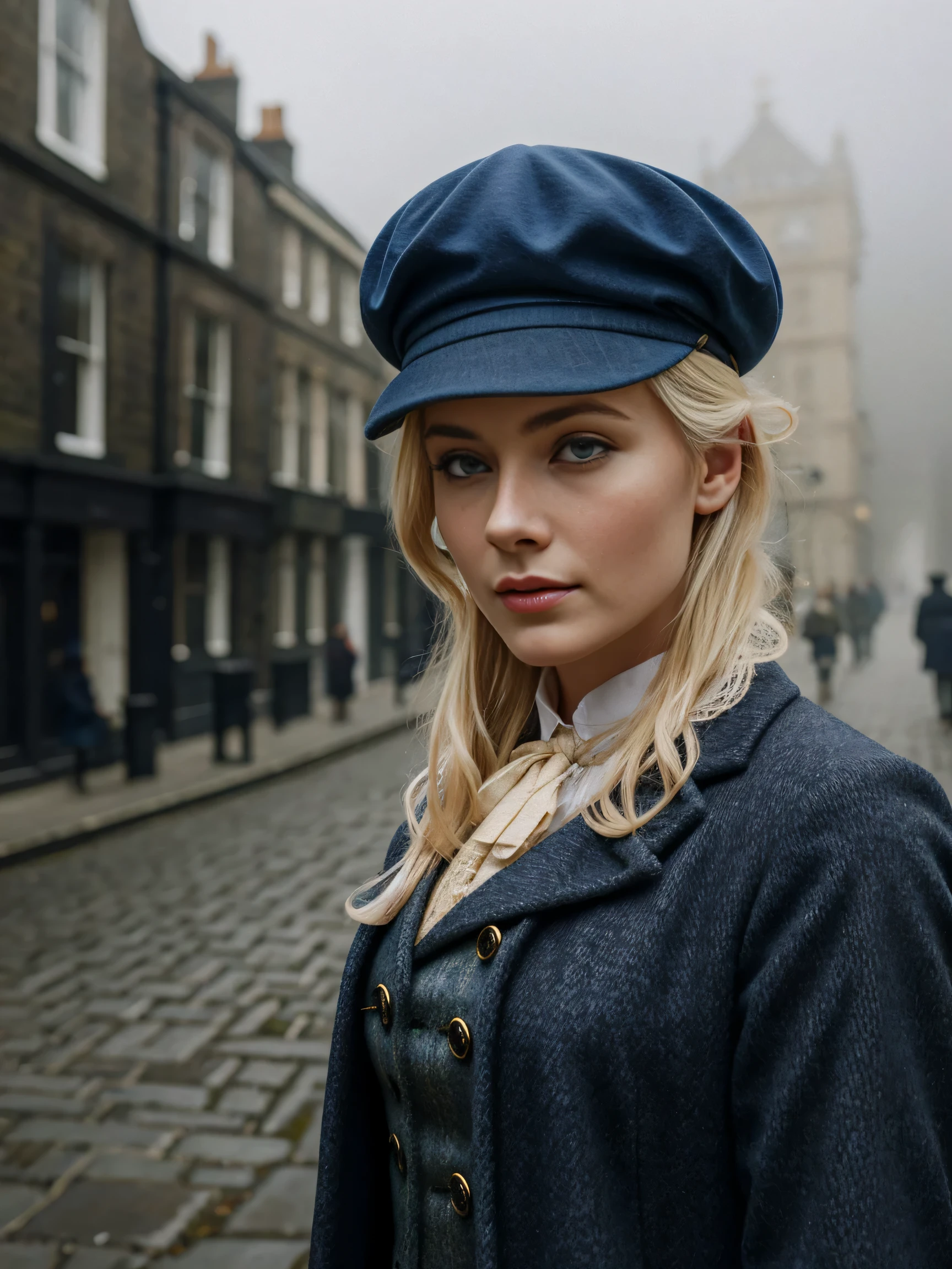 blond woman with blue eyes, wears a deerstalker cap, dressed like Sherlock Holmes, hyperrealistic , 28 years old, masterpiece, wear a oldstyle victorian dress, oldstyle, outdoor, old London City, foggy Atmosphere, 