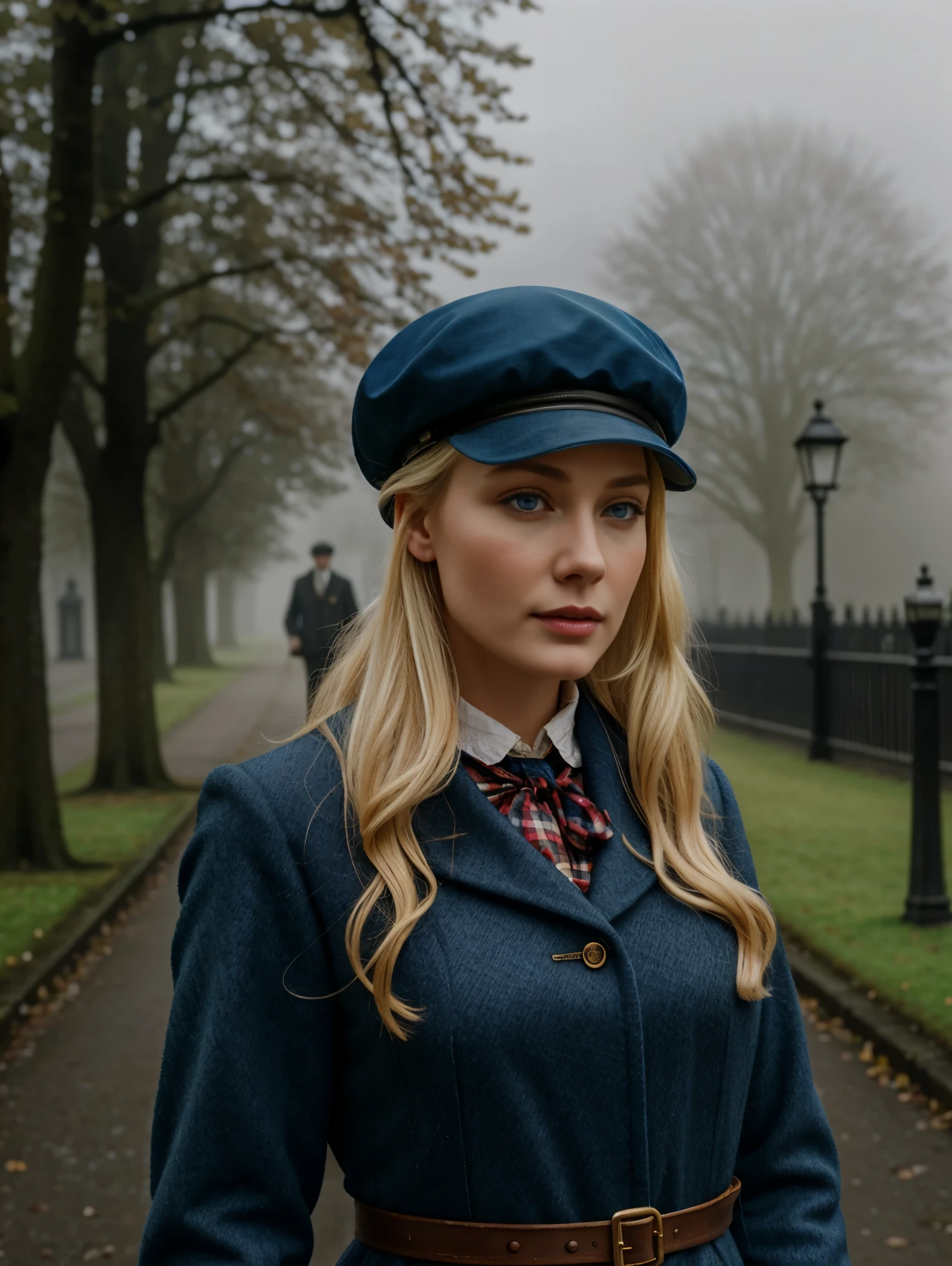 blond woman with blue eyes, wears a deerstalker cap, dressed like Sherlock Holmes, hyperrealistic , 28 years old, masterpiece, wear a oldstyle victorian dress, oldstyle, outdoor, old London City, foggy Atmosphere, 