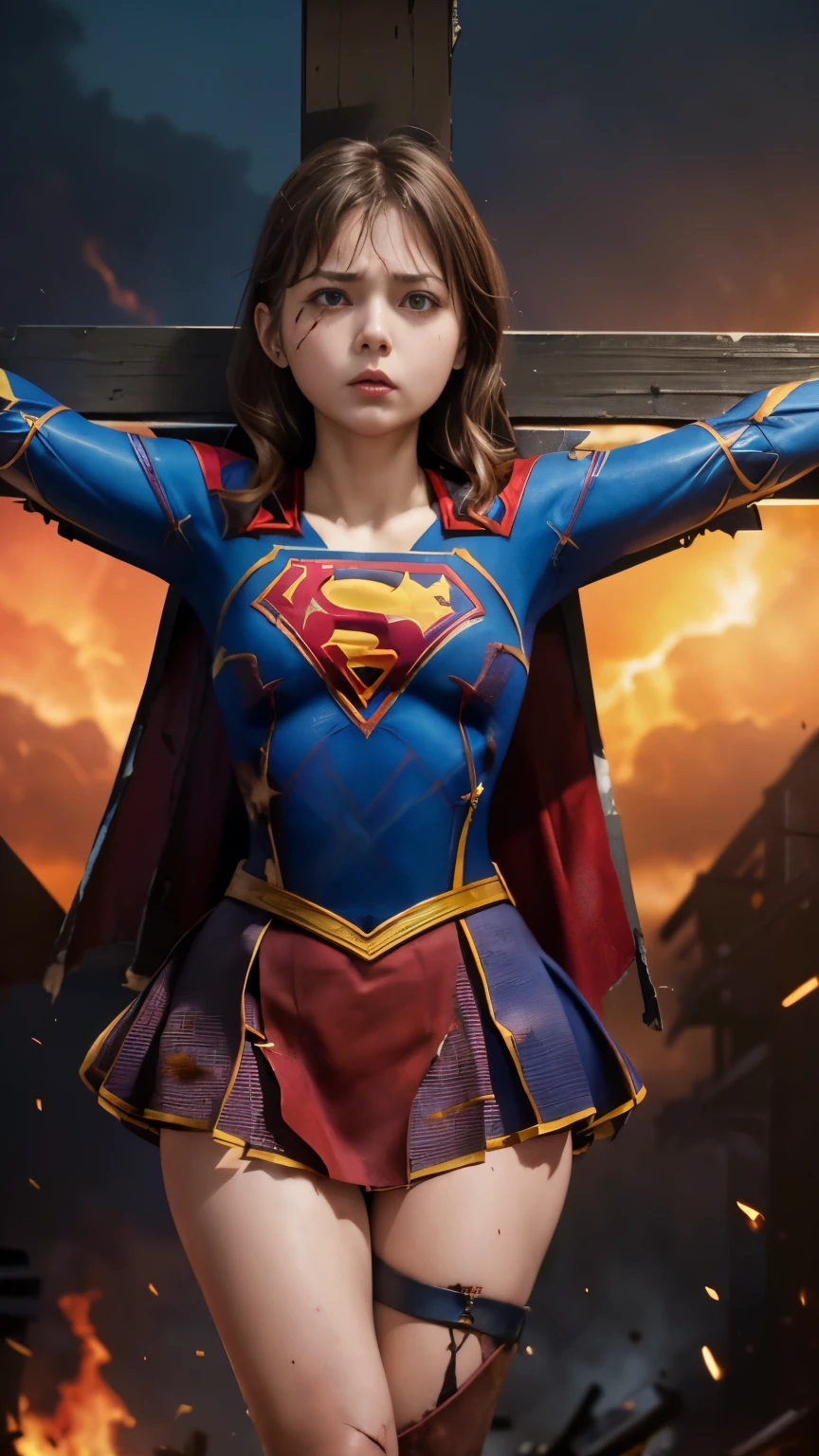 highest quality,masterpiece,UHD, Super detailed, 8K,(Beautiful woman),(一人のBeautiful woman),((crucifixion:1.5)),((cross)),(execution),((incontinence)),scared,torture,slave,((crossにcrucifixionにされた女性:1.5)),crucifixion刑,((supergirl:1.5)),blue suit,Superman logo on chest,red skirt,red boots,((torn costume:1.5)),((Tearing of clothes:1.5)),(tattered clothes),Beaten face,顔にtraces of being beaten,((bruises on body)),scars on body,injured face and body,(Bruise, dirty, torn clothes, revealing clothes, Blood:1.3),traces of being beaten,Defeated heroine,a devastated world,ruins,abandoned building,(burning at the stake),((roasted over fire:1.2)),inflammation