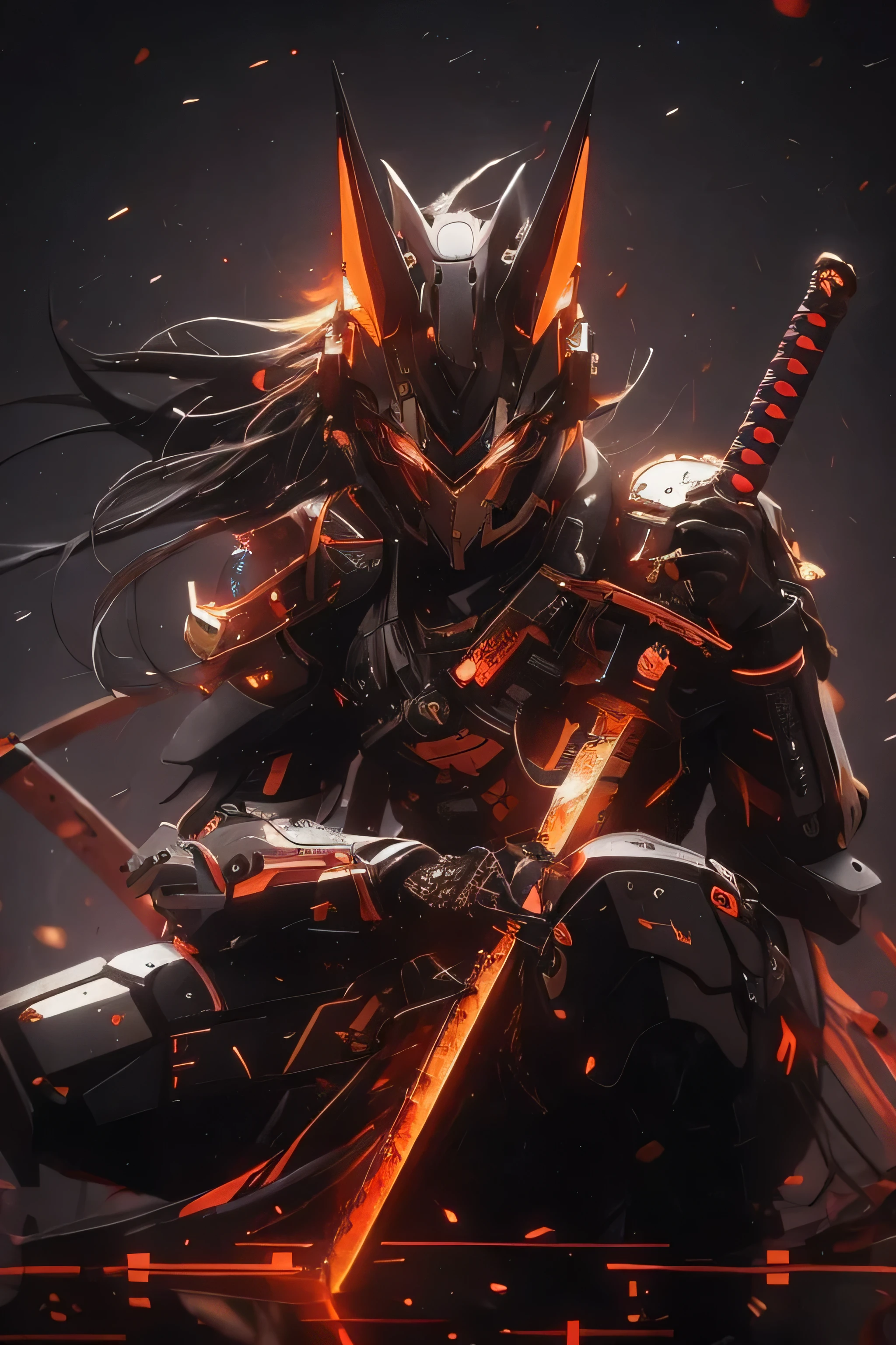 Eine Nahaufnahme einer Person, holds a sword in a dark room, very nice cyberpunk samurai, cyberpunk samurai, portrait of a cyberpunk samurai, Neon-Samurai, Cyborg-Samurai, knallharter Anime 8 k, Demon Samurai, Demon Samurai warrior, Fraktaler Cyborg-Ninja-Hintergrund, Anime mecha aesthetic, anime cyberpunk art, digital cyberpunk anime art, 4K-Anime-Hintergrundbild, Anime-Hintergrundbild 4k