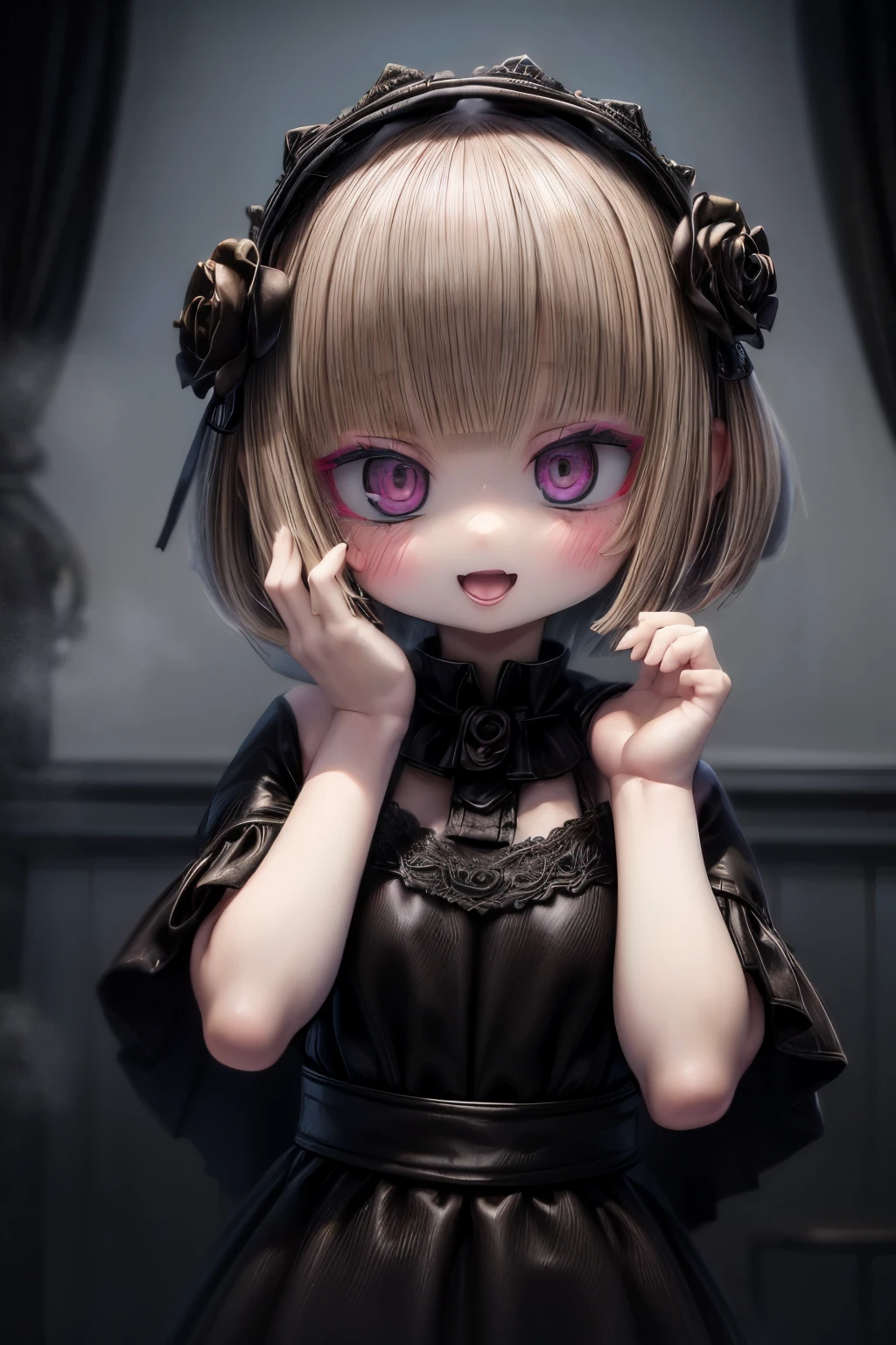 ((Masterpiece)), ((best quality)), (Anime:1.5), (RAW photo:1.2), (High Definition:1.3), (Professional Photography:1.2), ((12 years old)), 1girl, ((closeup face)), blunt bangs, feminine, pale brown hair, ((pixie cut)), Hair hide eyes, muted colors, pale skin, (makeup goth:1.4), cute, (Glossy lips), (naughty smile), (open mouth), Thorny head wreath, BREAK, ((best quality)), night, put hand on cheek, ((mist effect)), (indoors), bell, (cobwebs), ((Gothic horror atmosphere)), glowing, (on the antique room), dark white, ruins,