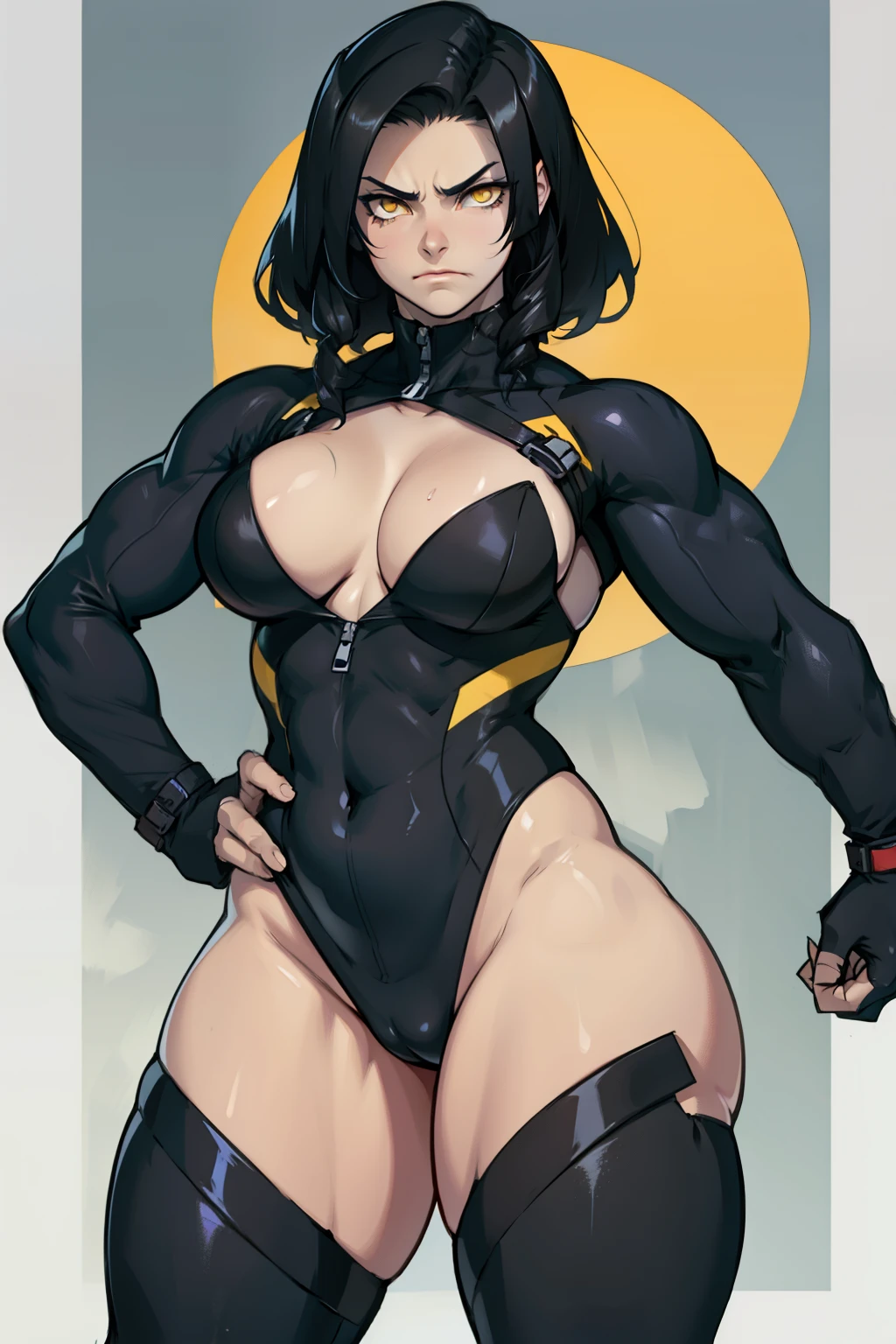 muscle  thighs girl pale skin black hair yellow eyes frown