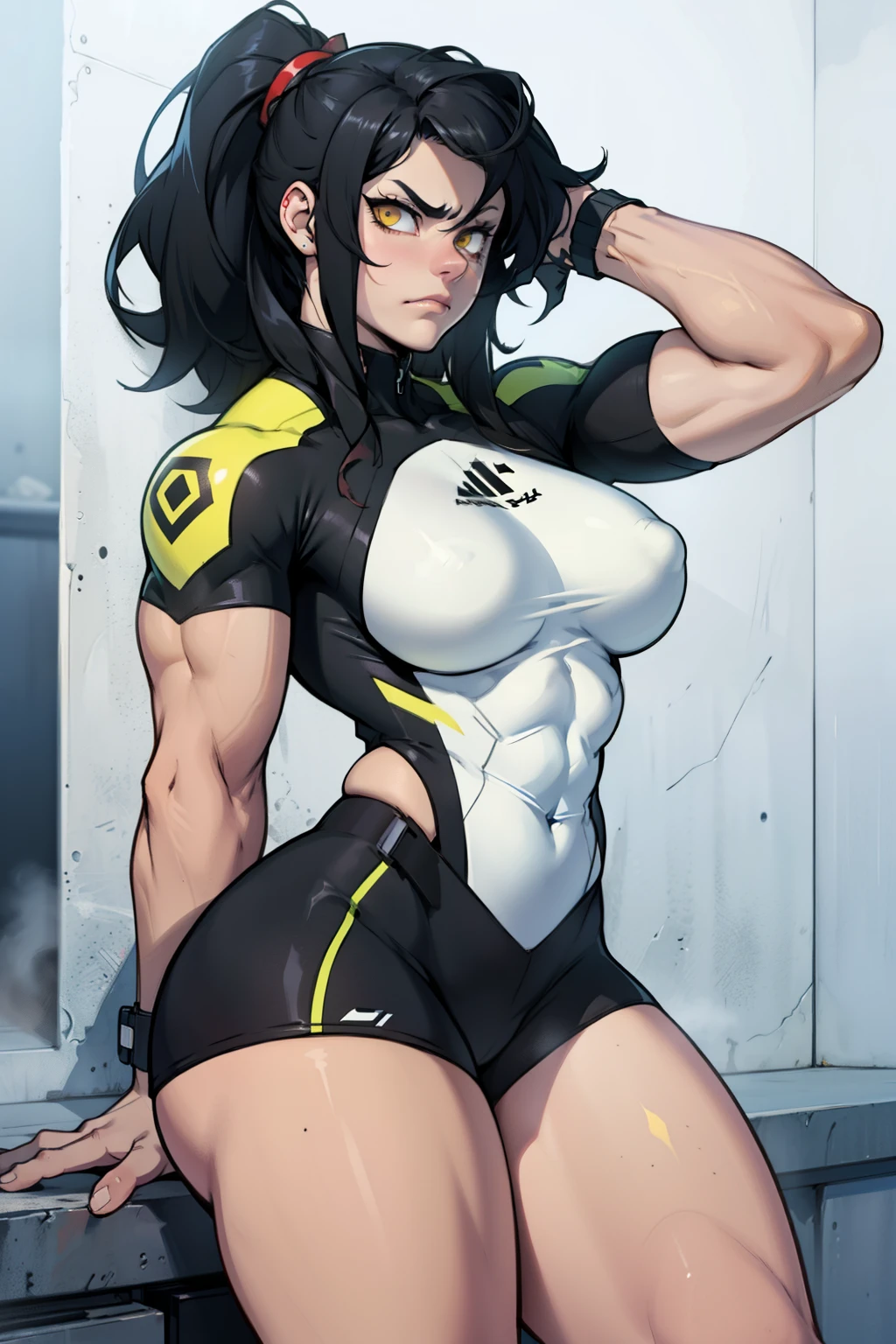 muscle breasts thighs girl pale skin black hair yellow eyes frown