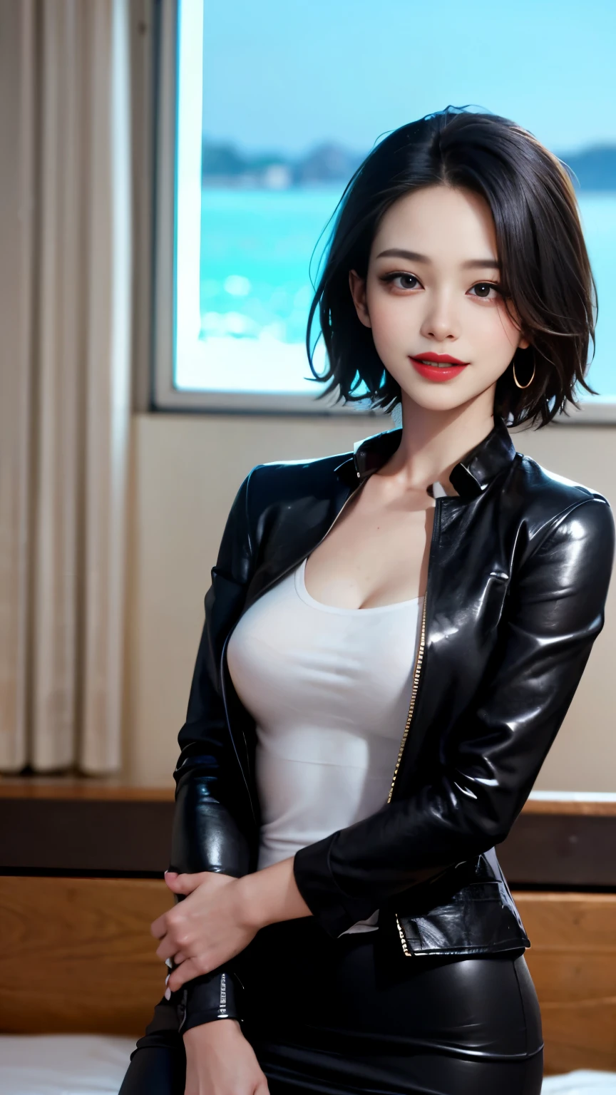 cinematic lighting、(Soft light illumination、key light:Front diagonal 45 degrees, fill light、Backlight、Shadow、blue and orange color palette light), accurate human body、knowledgeable person、Correct five-finger、
(((oil skin,glowing skin、realistic skin texture、Fine and beautiful skin、shiny skin、shiny skin)))、mature woman, Beautiful woman、big breasts、(full shot, long hair), (red makeup、pink glossy lipstick)、long shot, Beautiful depiction、knowledgeable person、detailed background、quality people、high quality face、Ultra-high-definition animation、(beautiful black hair:1.8)、earrings、clavicle、, detailed background、 long eyelashes, (big breasts:1.1, seductive thighs), beautiful breasts, beautiful thighs, beautiful feet, (), (beautiful scenery), written boundary depth, night, (wink, cute smile, open your mouth), (short hair:1.5, pixie cut:1.4), beautiful body, beautiful breasts, beautiful thighs, beautiful feet, beautiful fingers, ((Black Business Jacket, Clothes nearby, white collared shirt, black tight skirt)), (beautiful scenery), evening, (hotel bedroom), sit, (cute smile, upper grade)