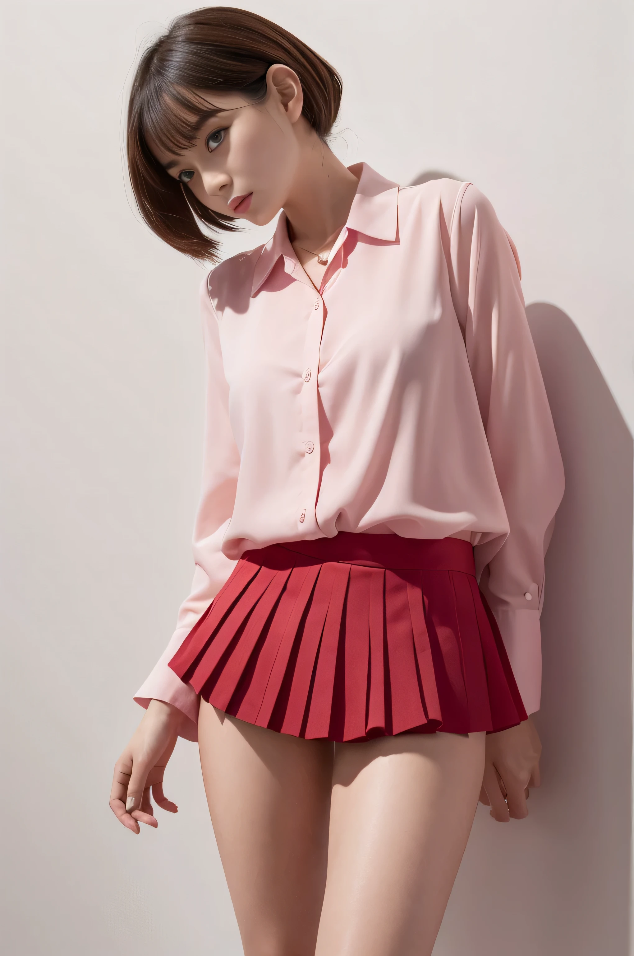 apanese,Caucasian female in the age of 20s with a red blouse and pink pleated miniskirt, standing , White background