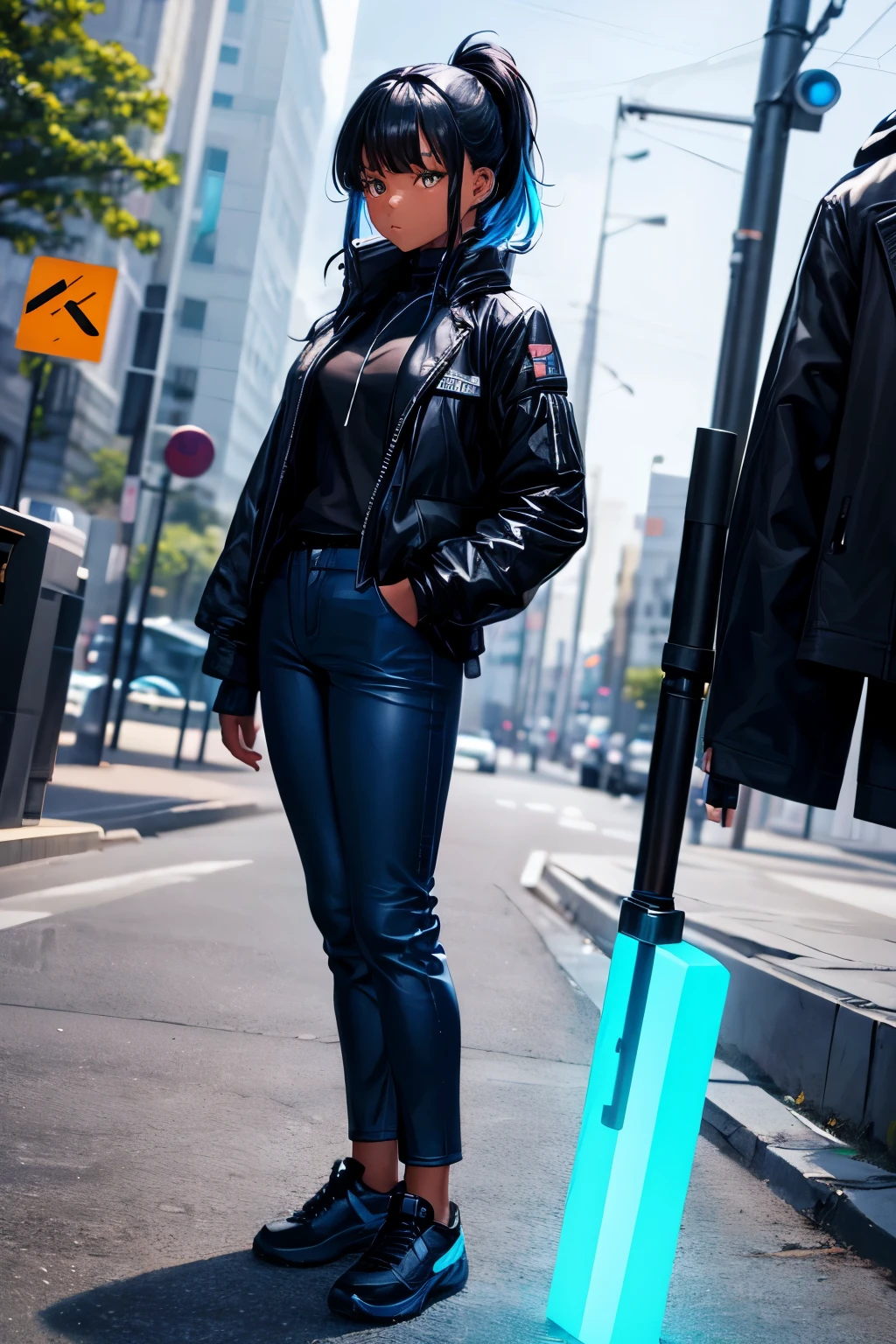 realistic, black girl height 1.60, clothes (black coat with blue details, neon blue pants) black stick in her hand