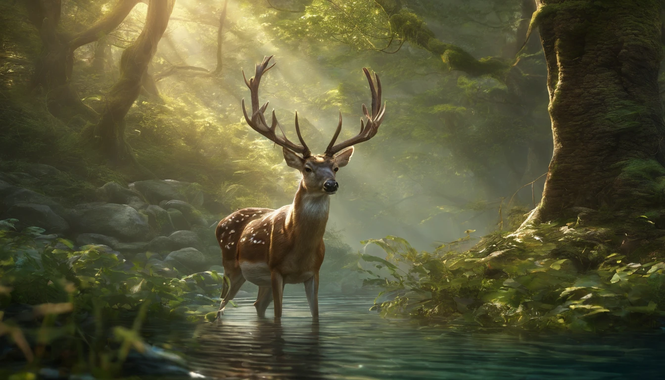 In the heart of an enchanted forest, a masterpiece unfolds as the sun casts its golden rays through the canopy of towering trees. The best quality integration of an 8k wallpaper comes alive, as every detail is brought to life with highly detailed CG.

A glowing elf, with skin that radiates an ethereal light, bends down to drink from the crystal clear pool that mirrors the rippling surface of the forest floor. A majestic deer, its antlers adorned with delicate leaves and twisting vines, observes the scene with curious eyes.

The forest, a beautiful symphony of nature's wonders, is alive with the sounds of