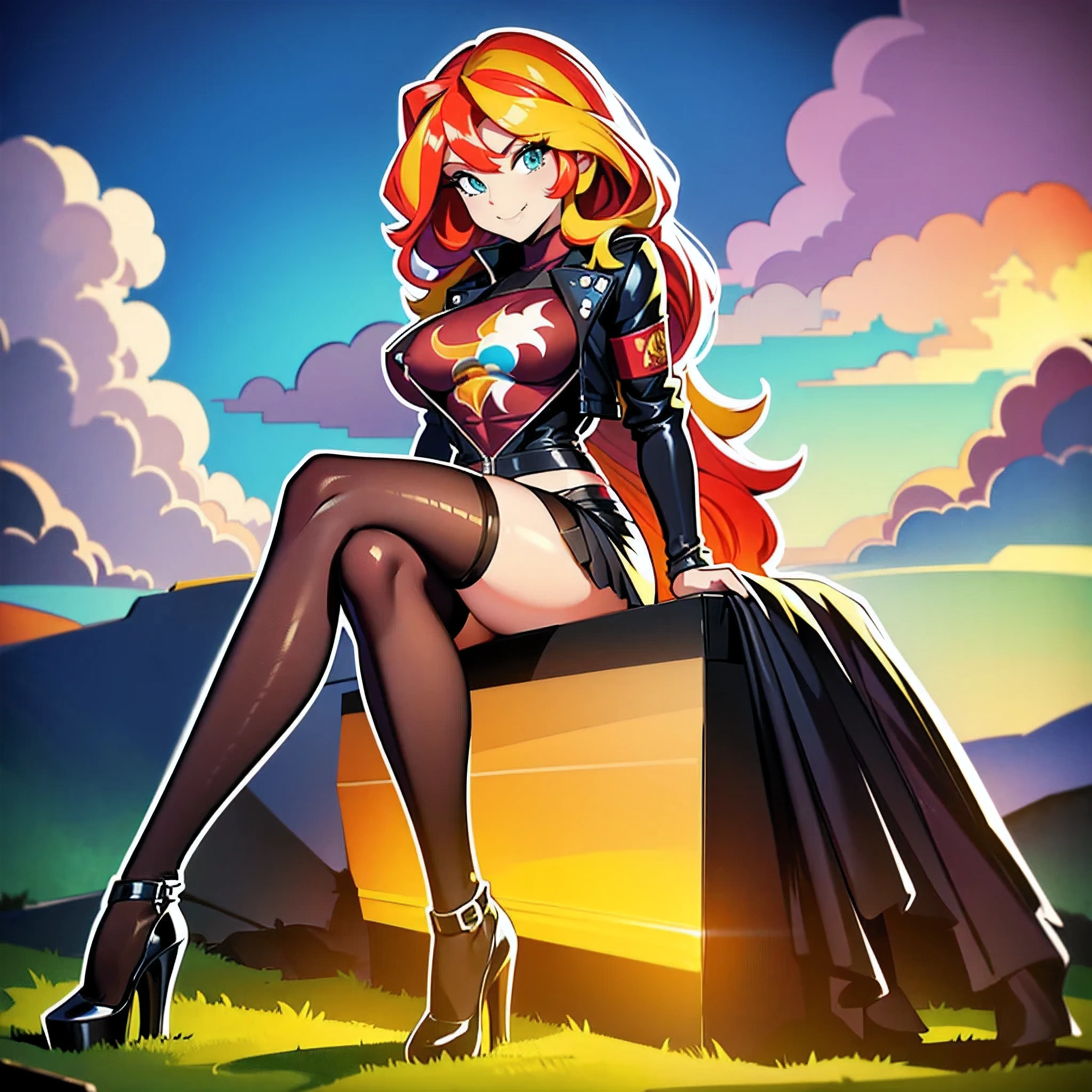 STICKER, solid outline:1.2, NSFW:1.2, masterpiece, best quality:1.2, full body:1.2, Full length, Sunset Shimmer topless, Sunset Shimmer sitting down, legs crossed, black underwear, black high heels, black jacket open, black stockings, arms crossed, big bare breasts, erect nipples, full body view, Sunset Shimmer from my little pony, full body portrait, solo, 1girl, smile, full length, looking up at viewer, vintage t-shirt design, in the style of hand drawing, 3D vector art, fantasy art, watercolour effect, Adobe Illustrator, hand-drawn, digital painting, low-poly, soft lighting, isometric style, retro aesthetic, focused on the character, 4K resolution, photo realistic rendering, using Cinema 4D,