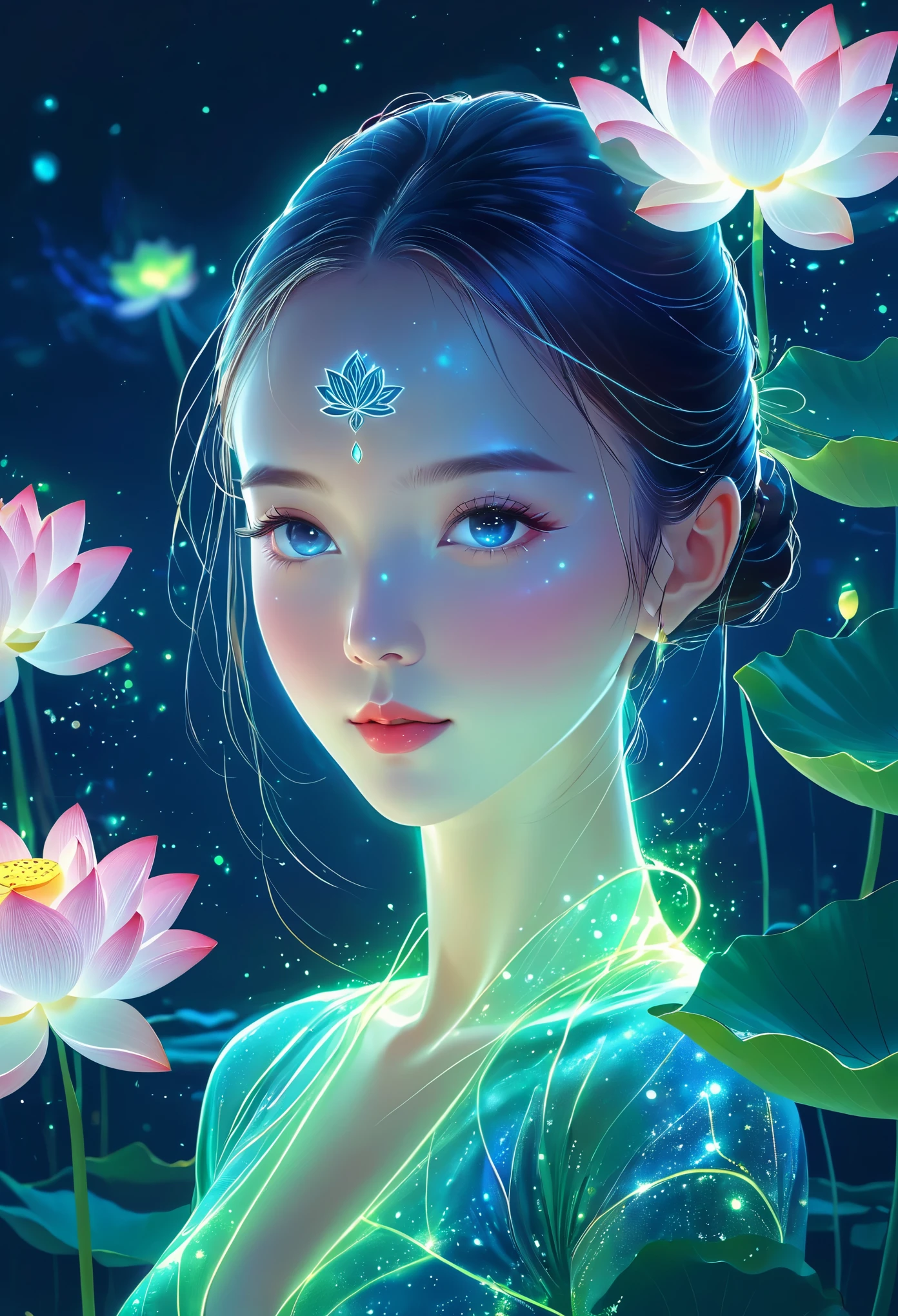 (masterpiece, best quality:1.2), In digital art style, charming illustration,peaceful picture,1 girl, beautiful eyes,tall lotus,hand,alone,body glow,Glowing lines,fluorescence,glow example,Example tracking,flash,萤light particles,Backlight,Translucent,light particles,Correct human anatomy,