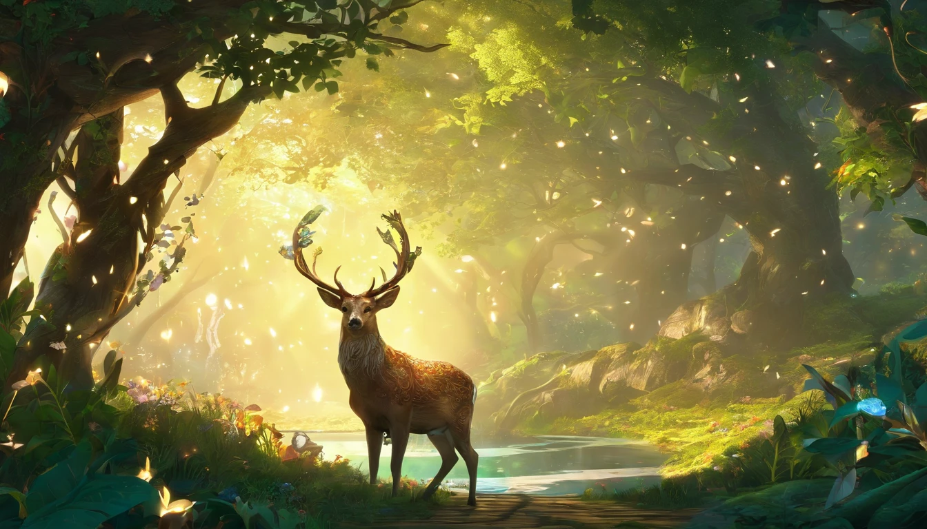 masterpiece, best quality, (Highly detailed CG integrated 8k wallpaper), (best quality), (best illustration), (best shadow), glowing elf with a glowing deer, Drinking water from the pool, nature 요소 in forest theme. Mysterious forests, Beautiful forest, nature, surrounded by flowers, delicate leaf and branch surrounded by firefly (nature 요소), (jungle theme), (leaf), (branch), (firefly), (particle effects) And other 3D, octane rendering, ray tracing, very verbose --v6, deer