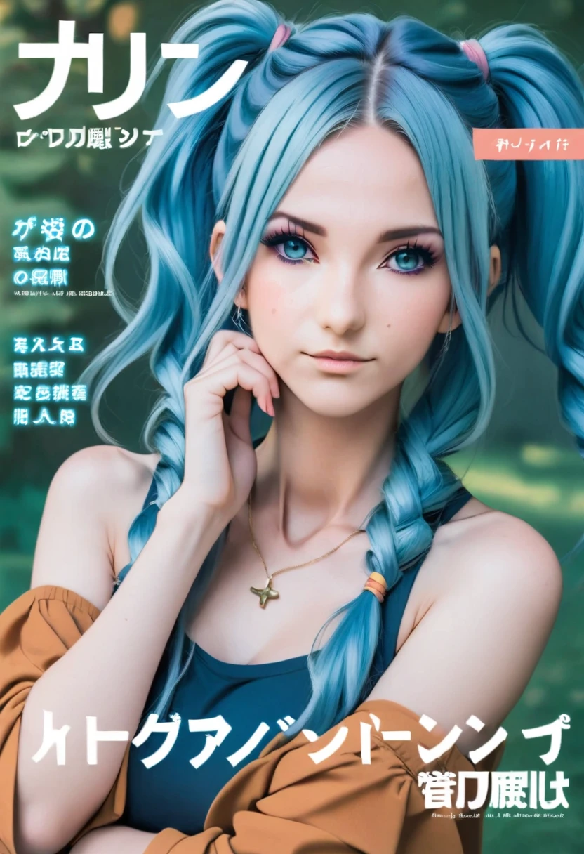 Aisha Hanabi in a magazine cover named, " Aisha Hanabi v1 ", blue hair, flat chested, mole under eye, magazine cover named, " Aisha Hanabi v1 ", 