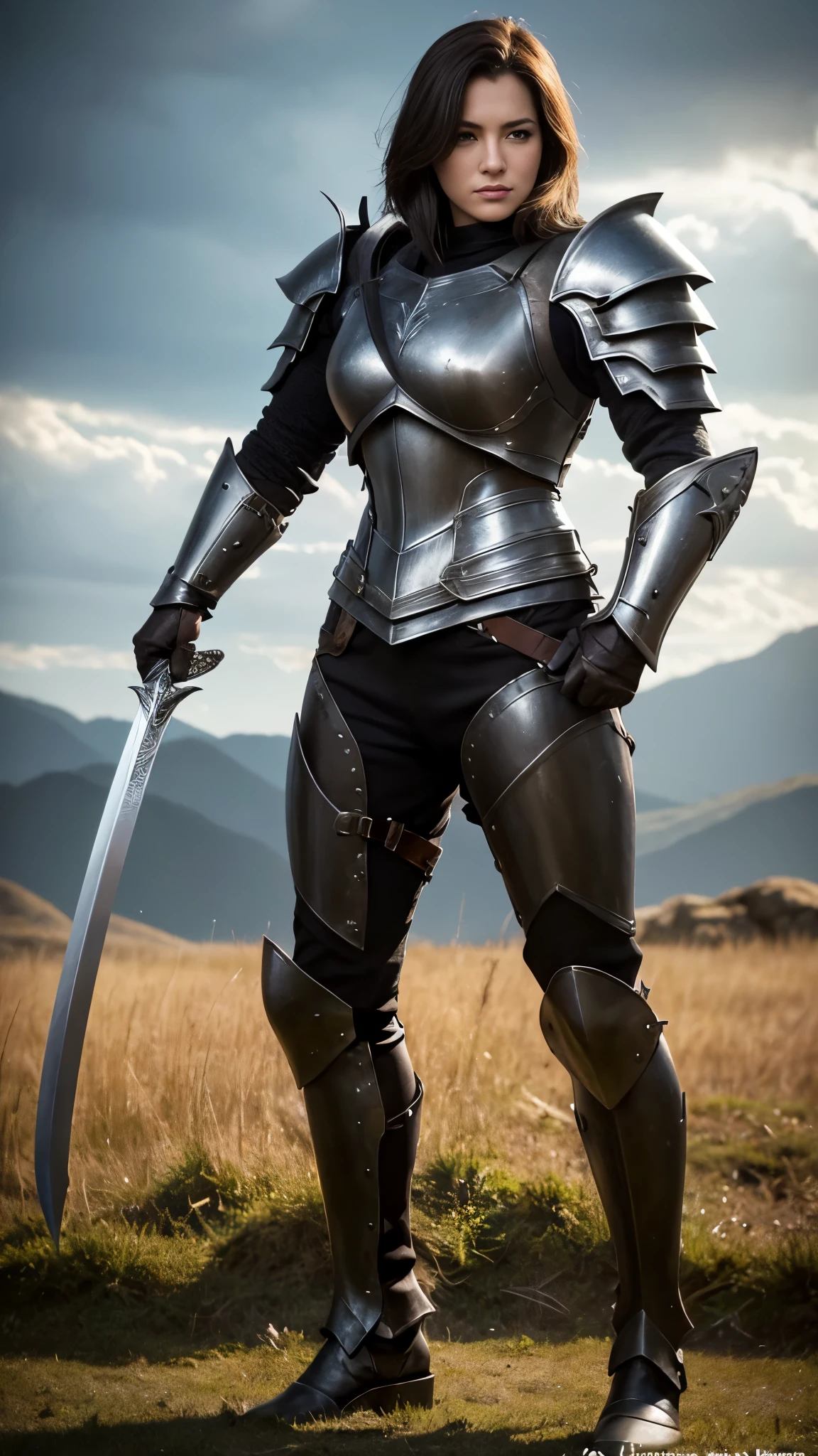 Full body shot,fantasy world,woman adventurer,huge,muscular,short hair,dark steel armor,armored pants,armored boots,great sword in hand,standing,masculine pose,strong expression,facing to viewer,field background,facing to camera,body facing to camera,detailed face features,detailed armor,natural lighting