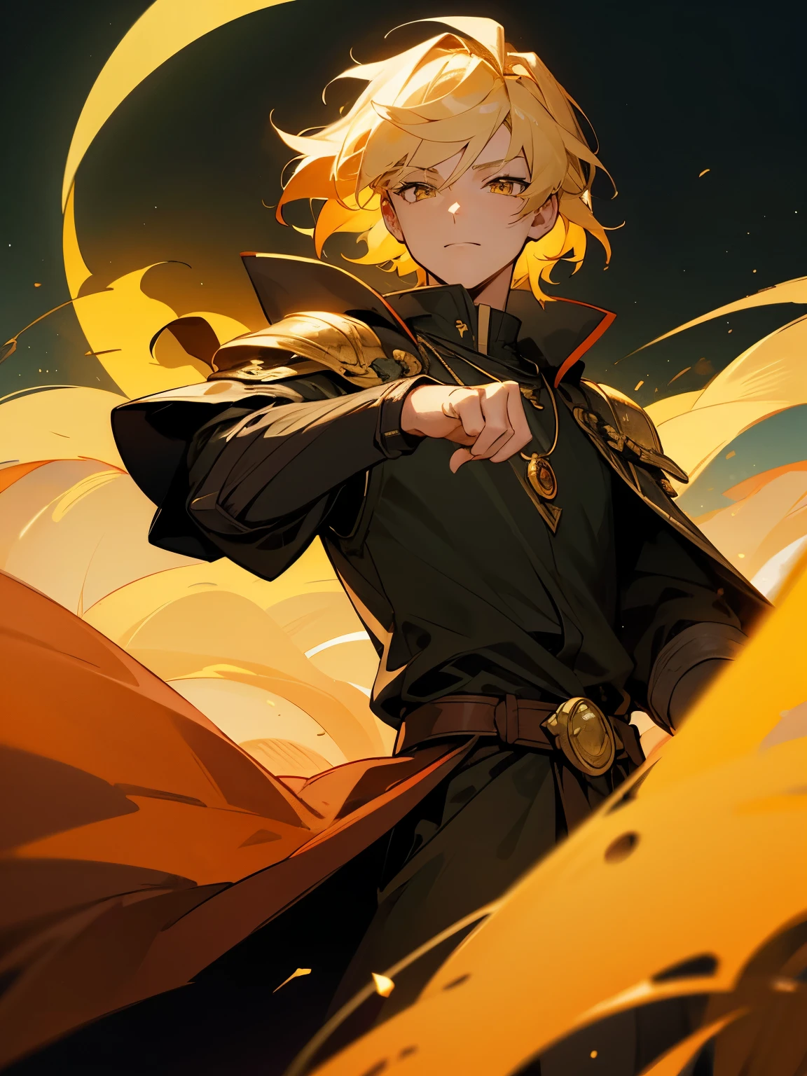 Generate an image of a character with the following attributes: The character is a man with short wheat-colored hair, amber-honey eyes, a noble and mature appearance, wearing black armor covered by a green cloak. The hair is short and wavy, with a neutral expression. The character is adorned with a full crescent moon and a waning moon necklace, as well as a blood moon amethyst necklace. The style is manga.