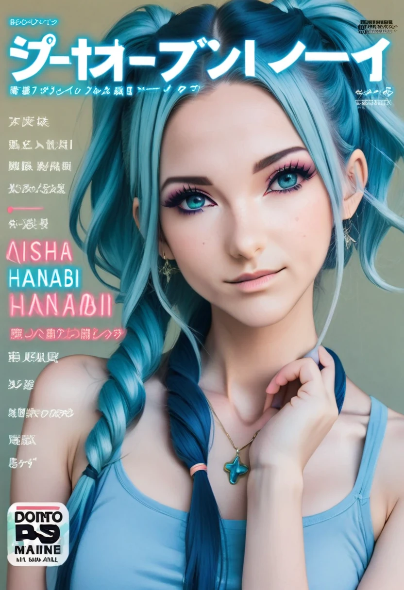 Aisha Hanabi in a magazine cover named, " Aisha Hanabi v1 ", blue hair, flat chested, mole under eye, magazine cover named, " Aisha Hanabi v1 ", 