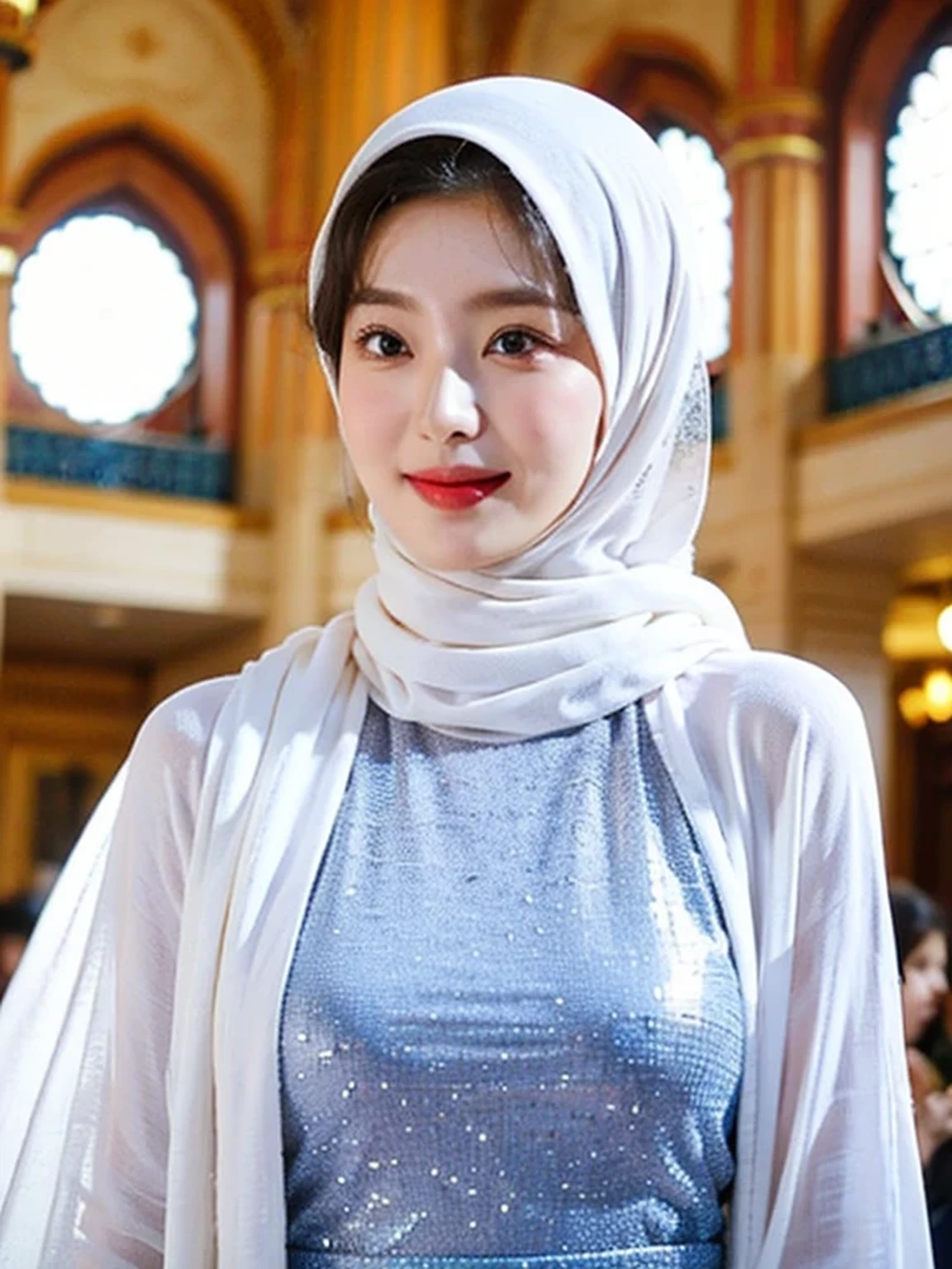 [Raw Photo :1.2], Photorealistic, Best Quality, [masterpiece:1.6], Fine Detail, Dynamic Lighting, Ray Tracing, 1 beautiful girl, center of a large palace, open space with a marble architecture, dress muslim with intricate patterns and chiffon, color outfits black, hijab, elegant pose, In the background there is an architectural structure with multiple domes mosque, sky is clear and blue, indicating fair weather, upper body photo, very fine face, very fine eyes, very detailed face, very beautiful, clear focus, elegant smile, eyes looking to camera