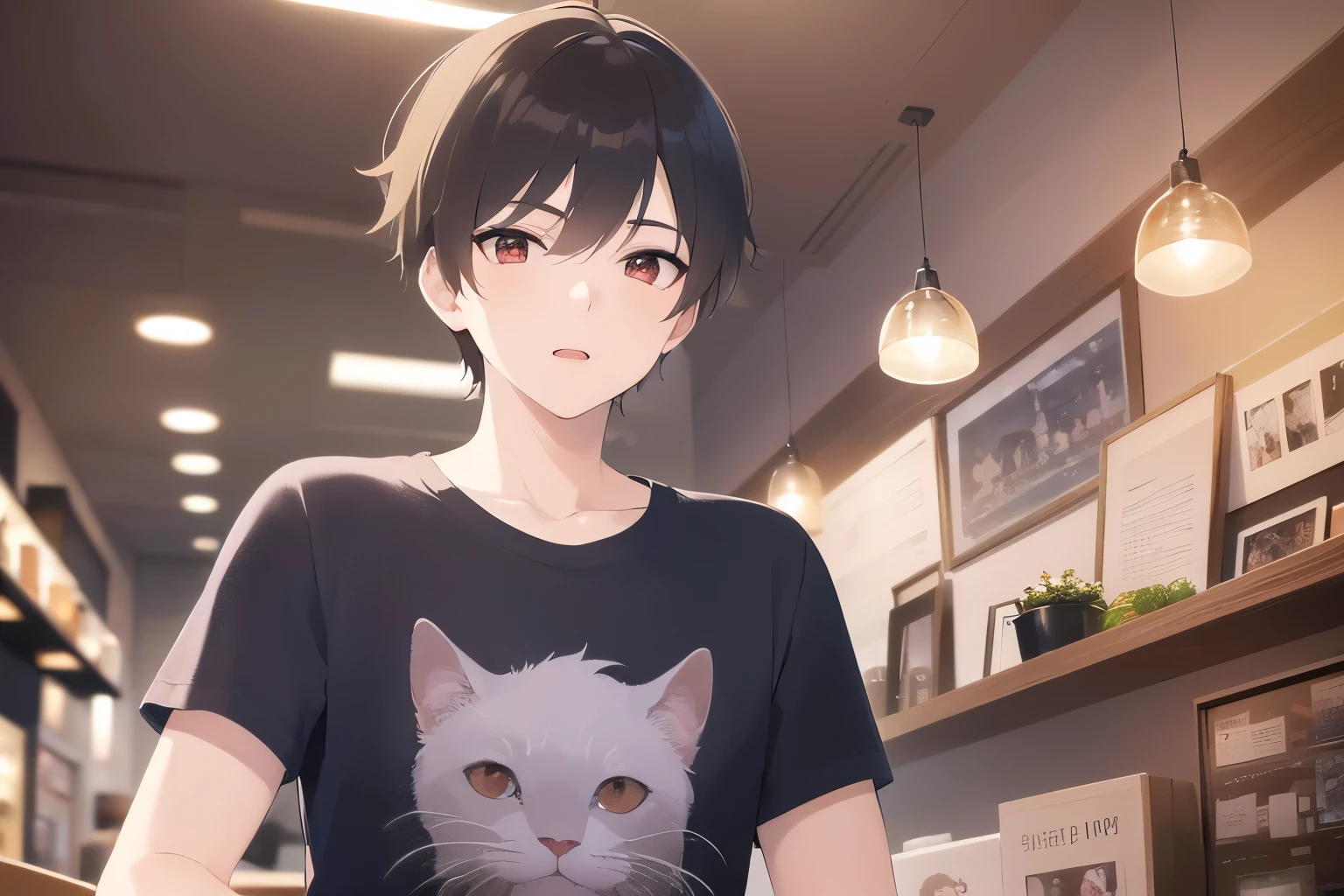 masterpiece、highest quality、(25 year old male:1.5) and (brown short hair) and (red eyes), wearing a white T-shirt、Are standing、surprised、open mouth, The background is the interior of a restaurant at night.、(Alone:1.5)、Upper body is shown