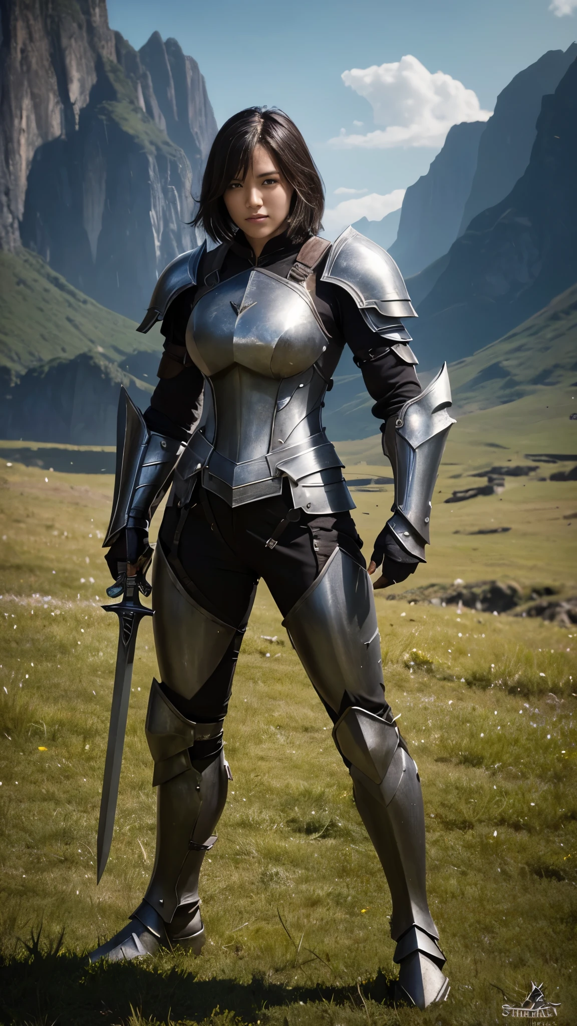 Full body shot,fantasy world,woman adventurer,huge,muscular,short hair,dark steel armor,armored pants,armored boots,long sword in hand,standing,masculine pose,strong expression,facing to viewer,field background,facing to camera,body facing to camera,detailed face features,detailed armor,natural lighting