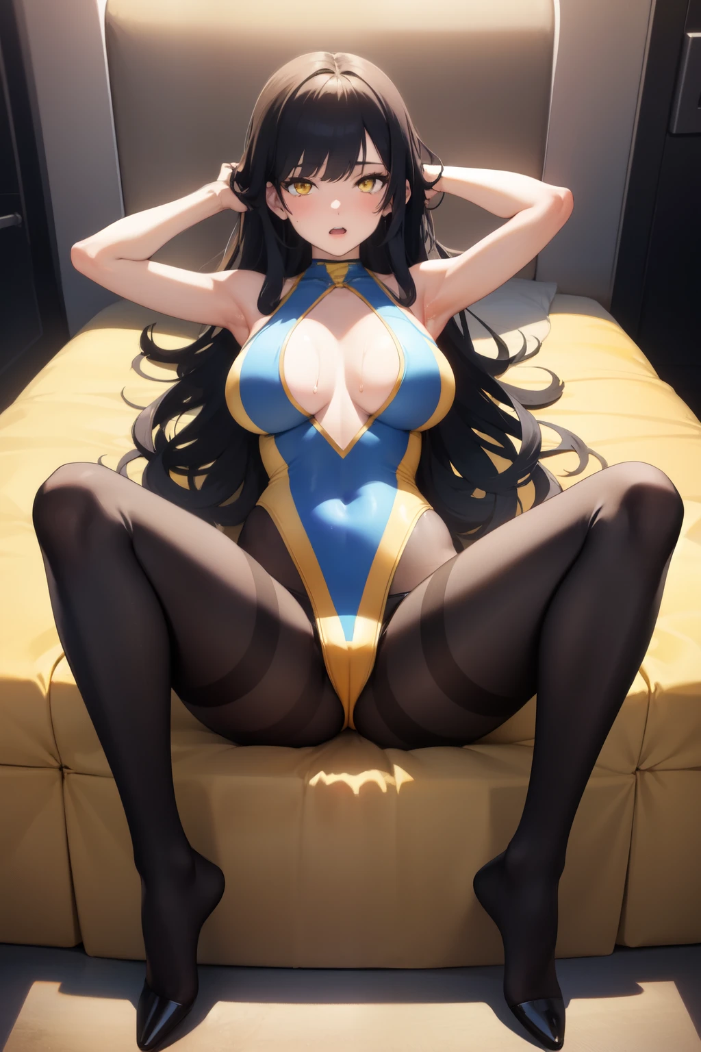 ((best quality)), (detailed), visage parfait, long hair, black hair, yellow eyes, corp parfait, full body, maillot de bain de compétition, black pantyhose, spread legs, vue de face, hands above head,