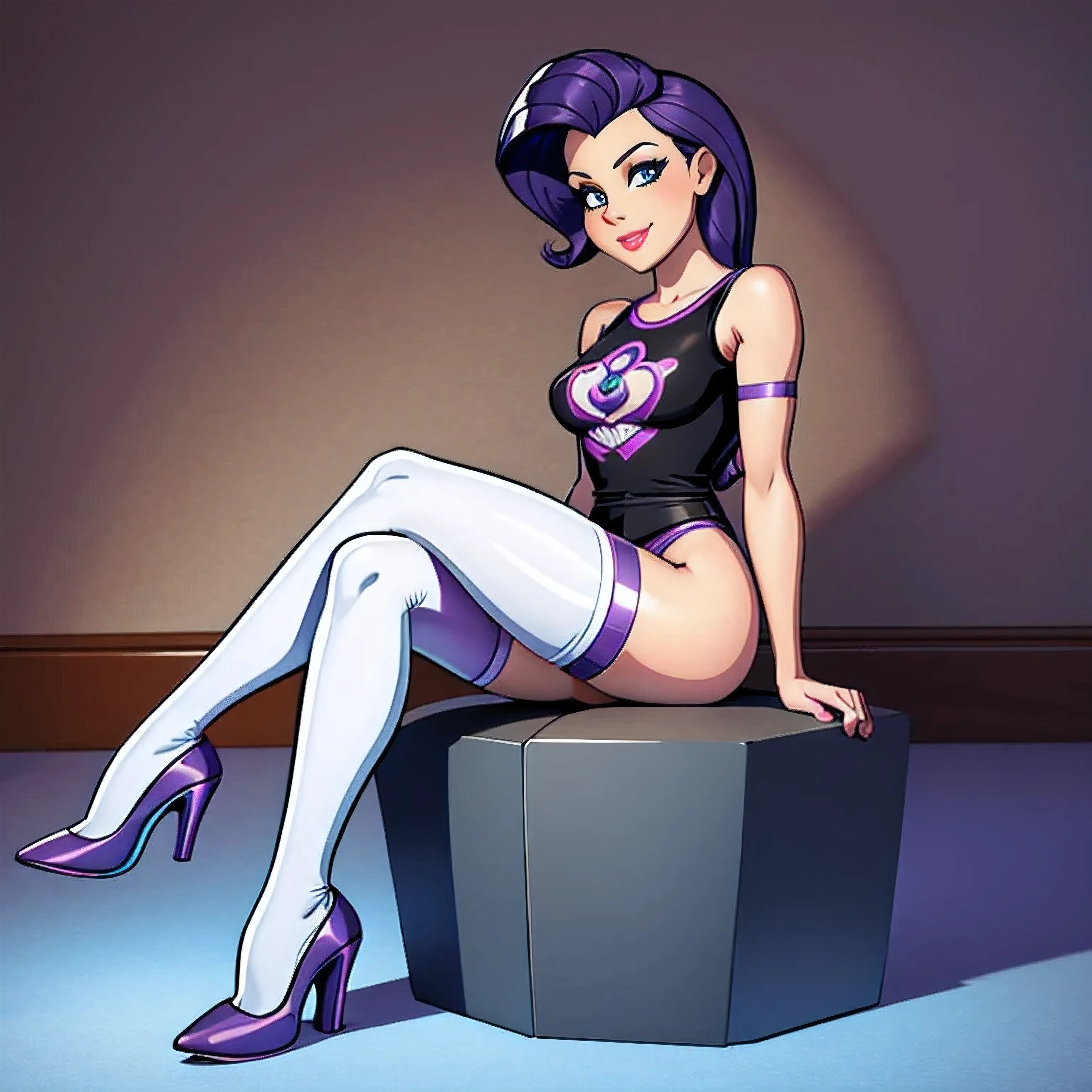 STICKER, solid outline:1.2, NSFW:1.2, masterpiece, best quality:1.2, full body:1.2, Full length, Rarity topless, Rarity sitting down, legs crossed, black underwear, white high heels, white jacket open, black stockings, arms crossed, big bare breasts, erect nipples, full body view, Rarity from my little pony, full body portrait, solo, 1girl, smile, full length, looking up at viewer, vintage t-shirt design, in the style of hand drawing, 3D vector art, fantasy art, watercolour effect, Adobe Illustrator, hand-drawn, digital painting, low-poly, soft lighting, isometric style, retro aesthetic, focused on the character, 4K resolution, photo realistic rendering, using Cinema 4D,