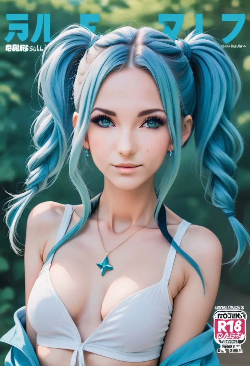 Aisha Hanabi in a magazine cover named, " Aisha Hanabi v1 ", blue hair, flat chested, mole under eye, magazine cover named, " Aisha Hanabi v1 ", 