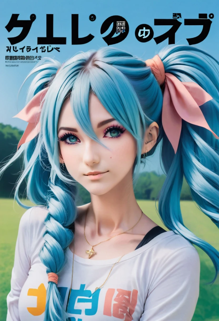 Aisha Hanabi in a magazine cover named, " Aisha Hanabi v1 ", blue hair, flat chested, mole under eye, magazine cover named, " Aisha Hanabi v1 ", 