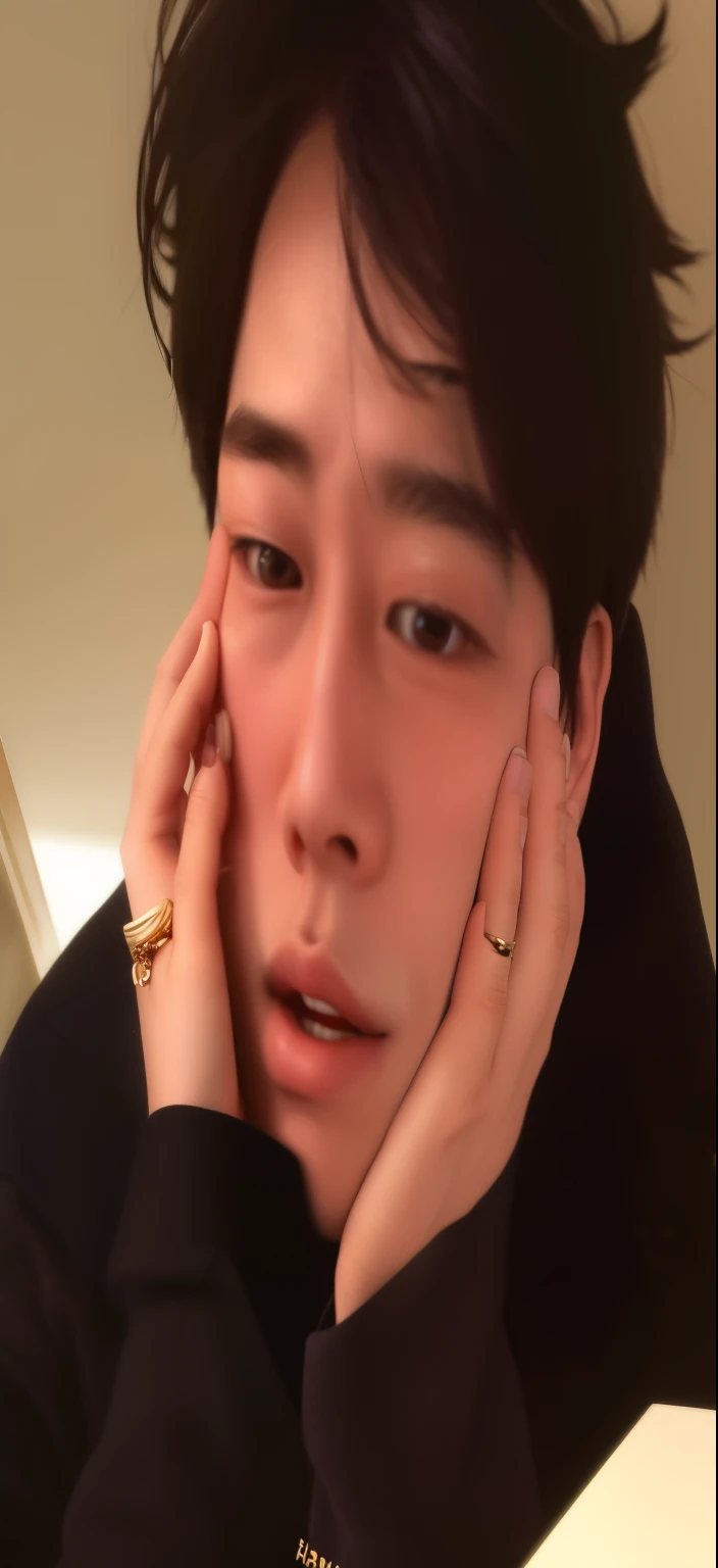 a close-up of a person with a ring in their hand, Jimin\the right eyelid is swollen, Jimin\o nariz grego, Jimin\the full lips, park Jimin, Jimin, accurate Jimin face, hyung tae, taejune kim, Hong junho hyung, Kim Doyoung, has sorte, adorable and pale korean face, Hsiao-ron, Jung Jaehyun