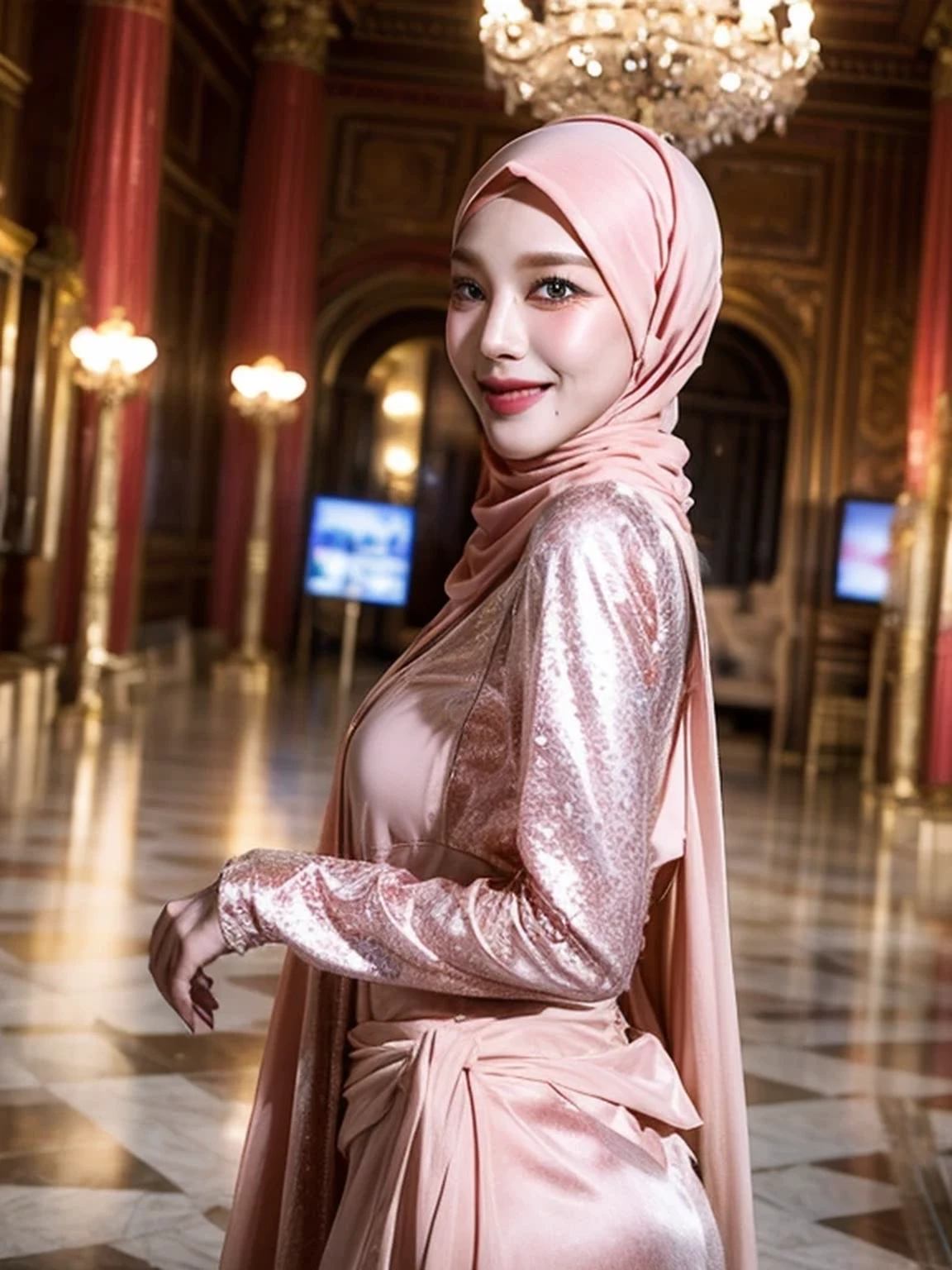 Cute malay girl in hijab wearing lilac maid dress with seducing pose, big smile, laughing, happy, big front teeth, bustling nighttime city, wearing hijab, bright golden color hijab, small tits, small breast, flat chest, wide waist, thick thighs bright lighting, big round ass, cute face, slim abs, 35mm lens, Extreme close-up, pastel color grading, depth of field cinematography effect, romantic film genre, 8k resolution, high quality, ultra detail,
