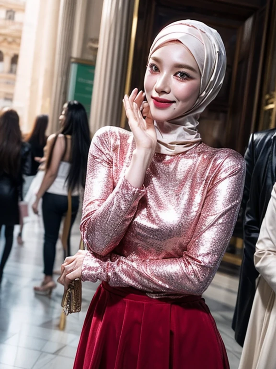 [Raw Photo :1.2], Photorealistic, Best Quality, [masterpiece:1.6], Fine Detail, Dynamic Lighting, Ray Tracing, 1 beautiful girl, center of a large palace, open space with a marble architecture, dress muslim, intricate patterns and chiffon, color outfits is pink, hijab, elegant pose, In the background is marble architectural structure, indicating fair weather, upper body photo, very fine face, very fine eyes, very detailed face, very beautiful, clear focus, elegant smile, eyes looking to camera