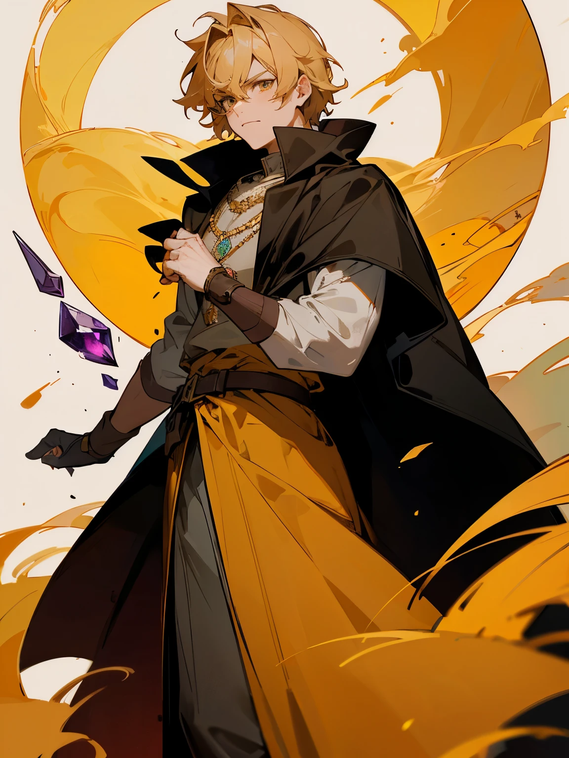 Generate an image of a character with the following attributes: The character is a man with short and wheat-colored hair, amber-honey eyes, a noble and mature appearance, wearing black armor covered by a green cloak. The hair is short and wavy, with a neutral expression. The character is adorned with a complete crescent moon and waning moon necklace, as well as an amethyst necklace. Blood Moon. The style is manga