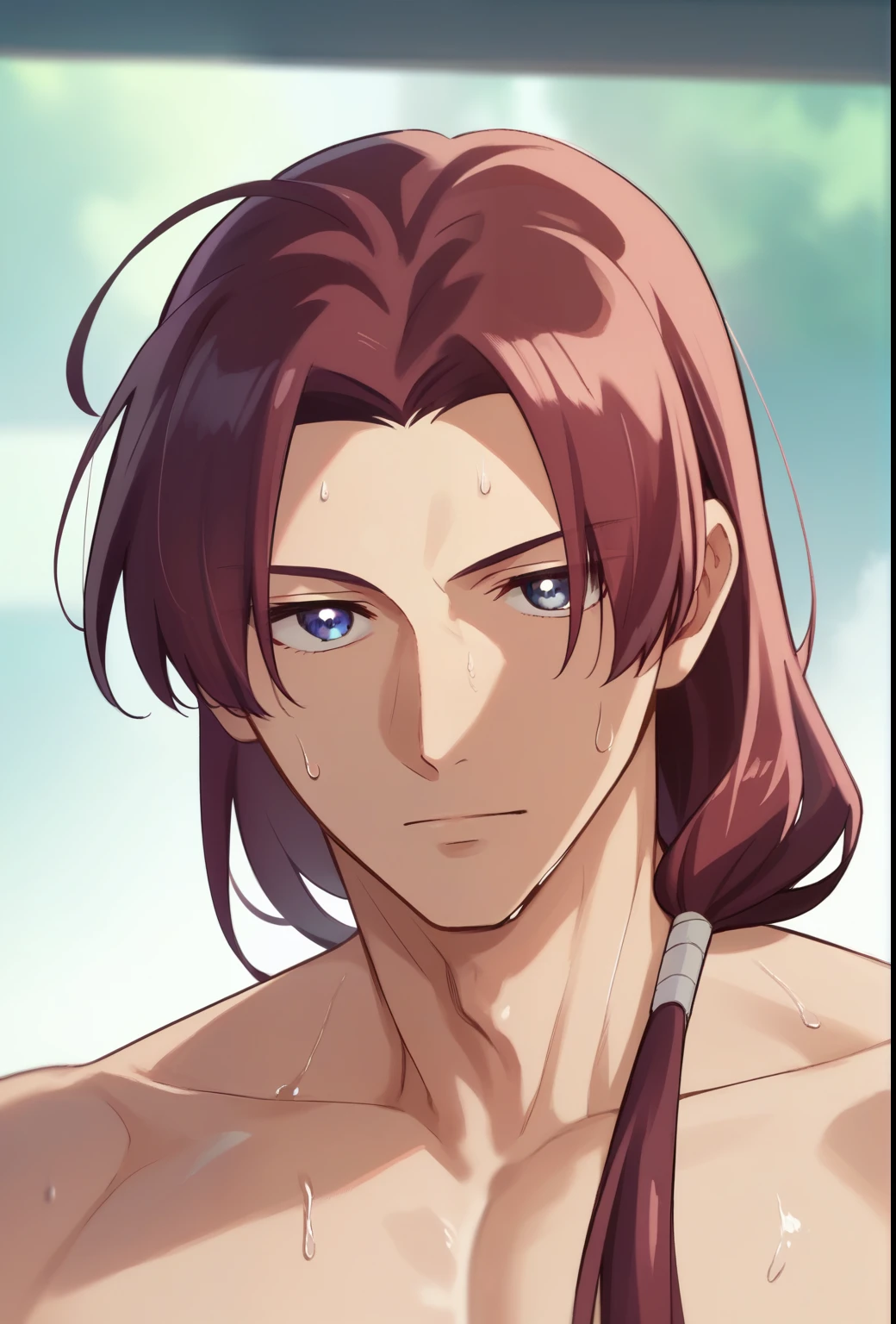 jinshi, long hair, (red hair), (blue eyes), parted bangs, looking at viewer, low ponytail, solo, sweat, blurry background, topless male, 1boy, BREAK
score_9, score_8_up, score_7_up, score_6_up, anime