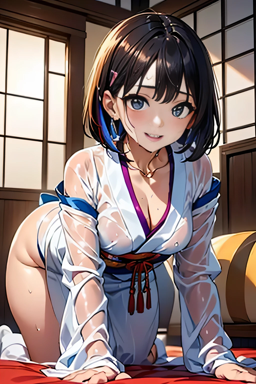 (Crawl on all fours on a futon in a Japanese-style room:1.7)(50 years old),(Fair skin:1.7),(Oversized white costume 3 sizes larger than a woman's's's:1.7)、(Her neck is open and her wet pure white kimono is visible.。..:1.7)、(Small breasts three times the size of a wet pure white woman'A large white dress can be seen through the gap between her sagging breasts..:1.3)、(sexy white costume:1.3)、(Oversized white costume 3 sizes larger than a woman's's'The space between S and small breasts:1.3)、(Small breasts with a glimpse of cleavage:1.3)、(very small breasts:1.7)、(very small breasts見せ: 1.3)(smile full of happiness:1.3),(((emphasize small breasts:1.3))),(dynamic angle),(((Dynamic and sexy forward leaning posture:1.7))),(( (wet and shiny skin)))、extremely small breasts、Clothes flutter in strong winds、chest slip、one girl、hairpin、necklace、earrings、look up from below、pointed red mouth、cheeks turn red、he sees who is logged in,(shiny silver hair color,colorful short hair with orange stripes),Tousled hair fluttering in the strong wind,look at the camera,(professional lighting),(8K,debris flies、highest quality、Ultra high resolution output image、)、Depth of written boundary、beautiful hands、beautiful fingers、Detailed functions of fingers、Detailed characteristics of hair、detailed facial features、Detailed features of clothing、wet hair、wet body、wet costume、