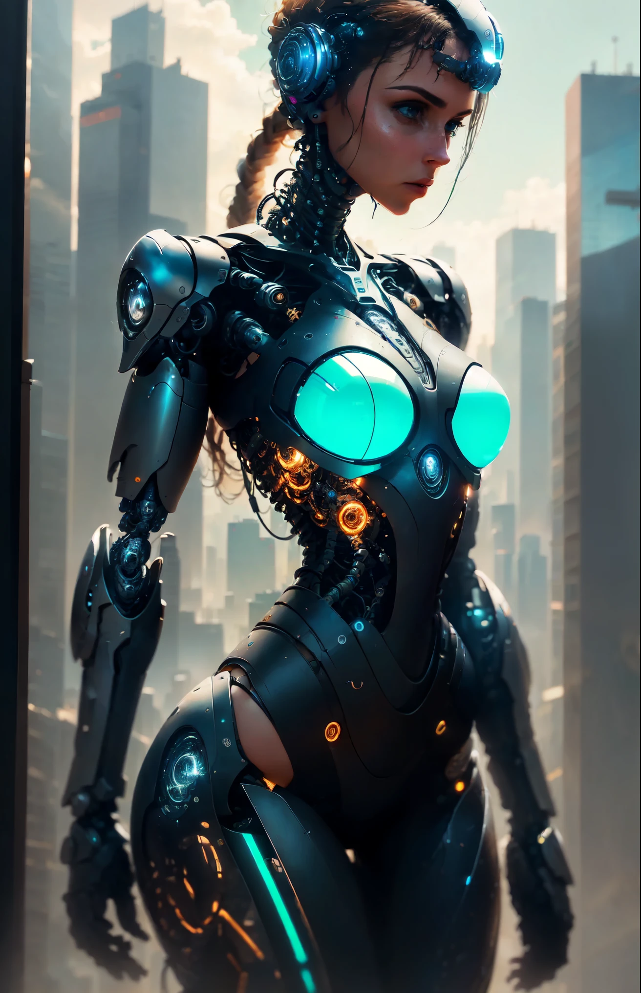 Woman-robot in the big city, high quality, absurdres, masterpiece, beautiful, intricate details, 1/2 body crop, slim body, beautiful figure, magnificent anatomy, (intricate details:1.12), HDR, (intricate details, hyper-detailing:1.15), (natural skin textures, hyper realisitc, soft light, Sharp:1.2)